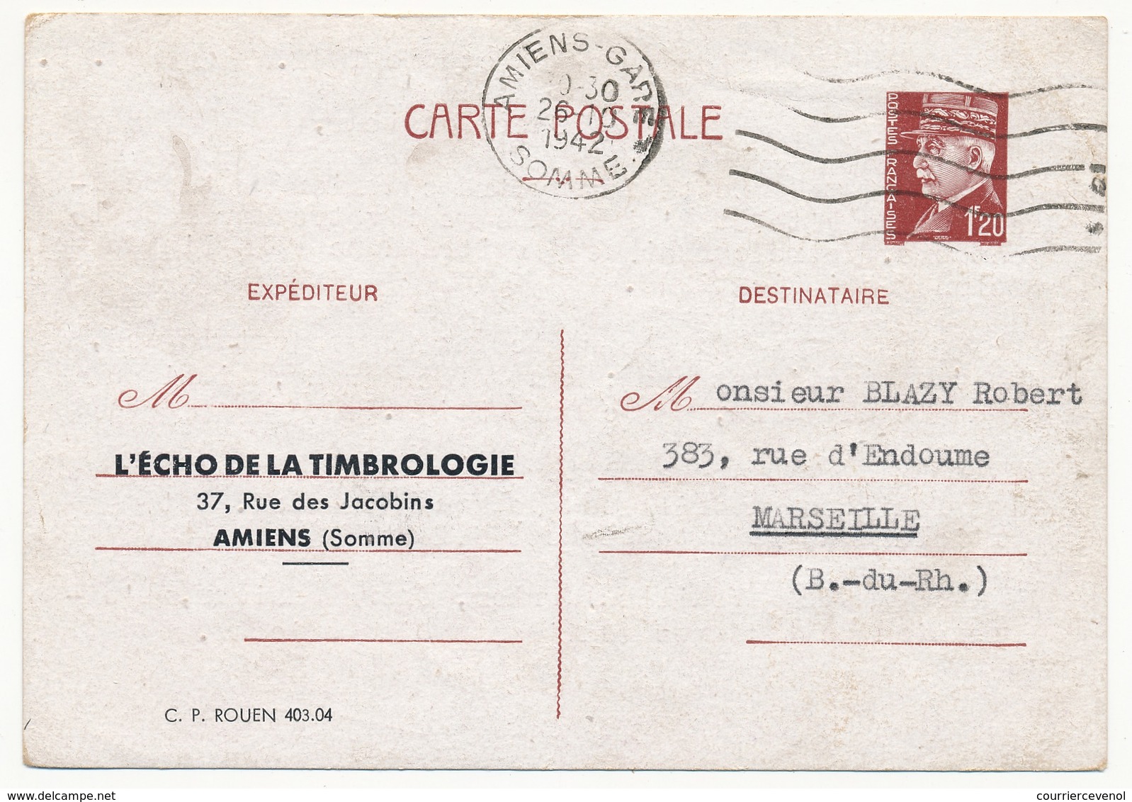 FRANCE - CP 1,20F Pétain - Repiquage L'Echo De La Timbroloie - Amiens - 1942 - Postales  Transplantadas (antes 1995)