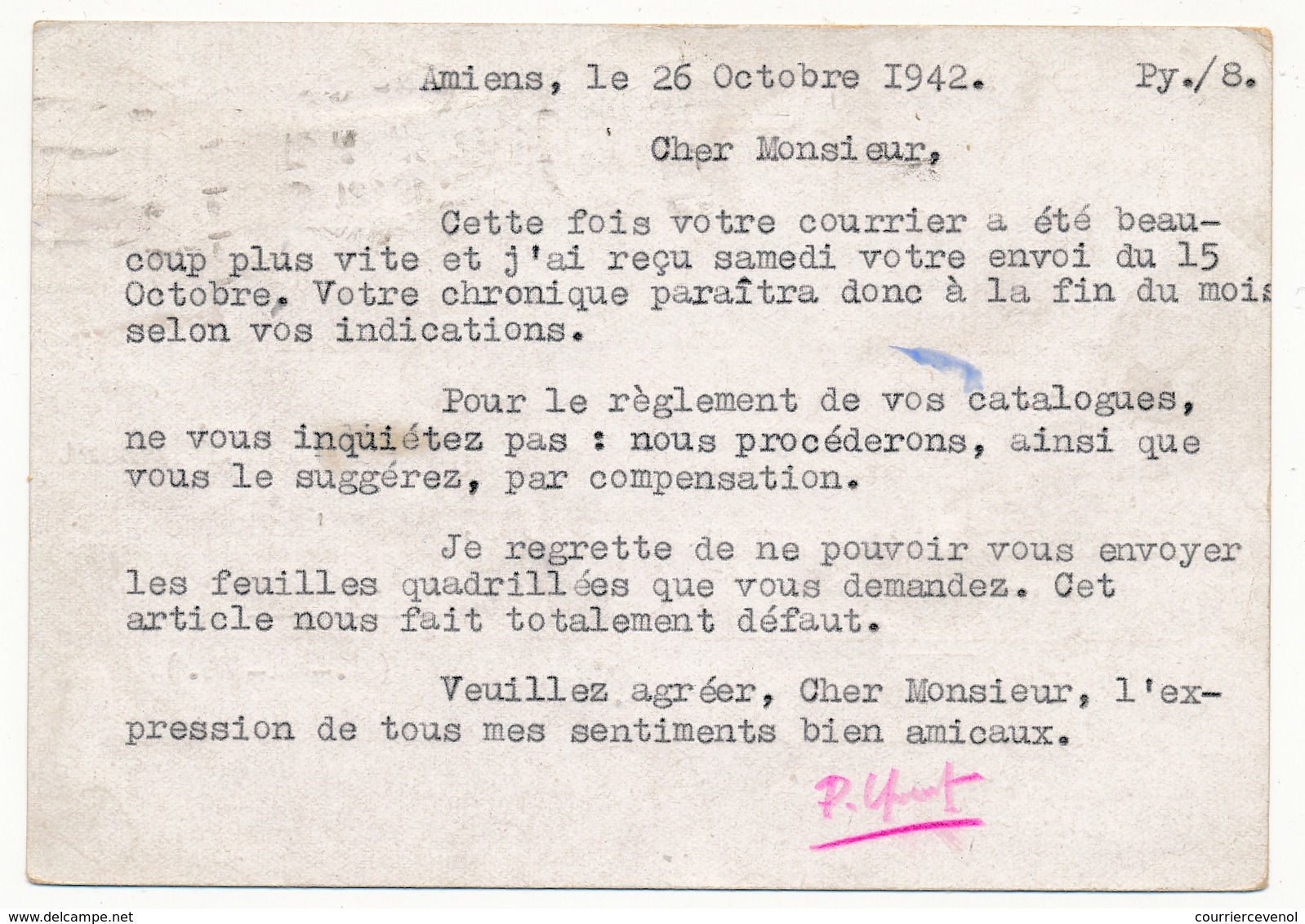 FRANCE - CP 1,20F Pétain - Repiquage L'Echo De La Timbroloie - Amiens - 1942 - AK Mit Aufdruck (vor 1995)