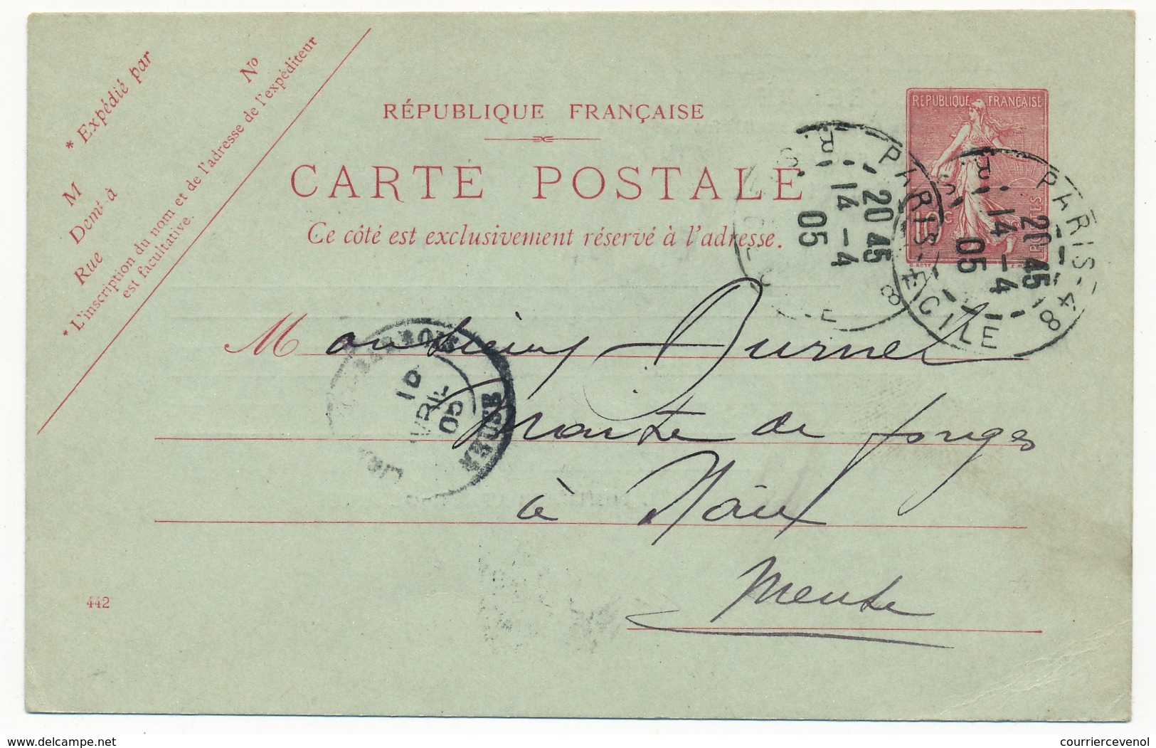 FRANCE - CP 10c Semeuse Lignée - Repiquage Etablissements Métallurgiques DURENNE - Paris 1905 - Cartes Postales Repiquages (avant 1995)