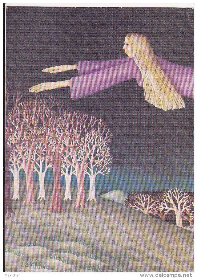 Lot De 2 Cartes Illustrées Par SLOBODAN 1974 (Femme En Robe Rose Volant Au Dessus D'une Forêt Sans Feuille, Dédicasse - Slobodan