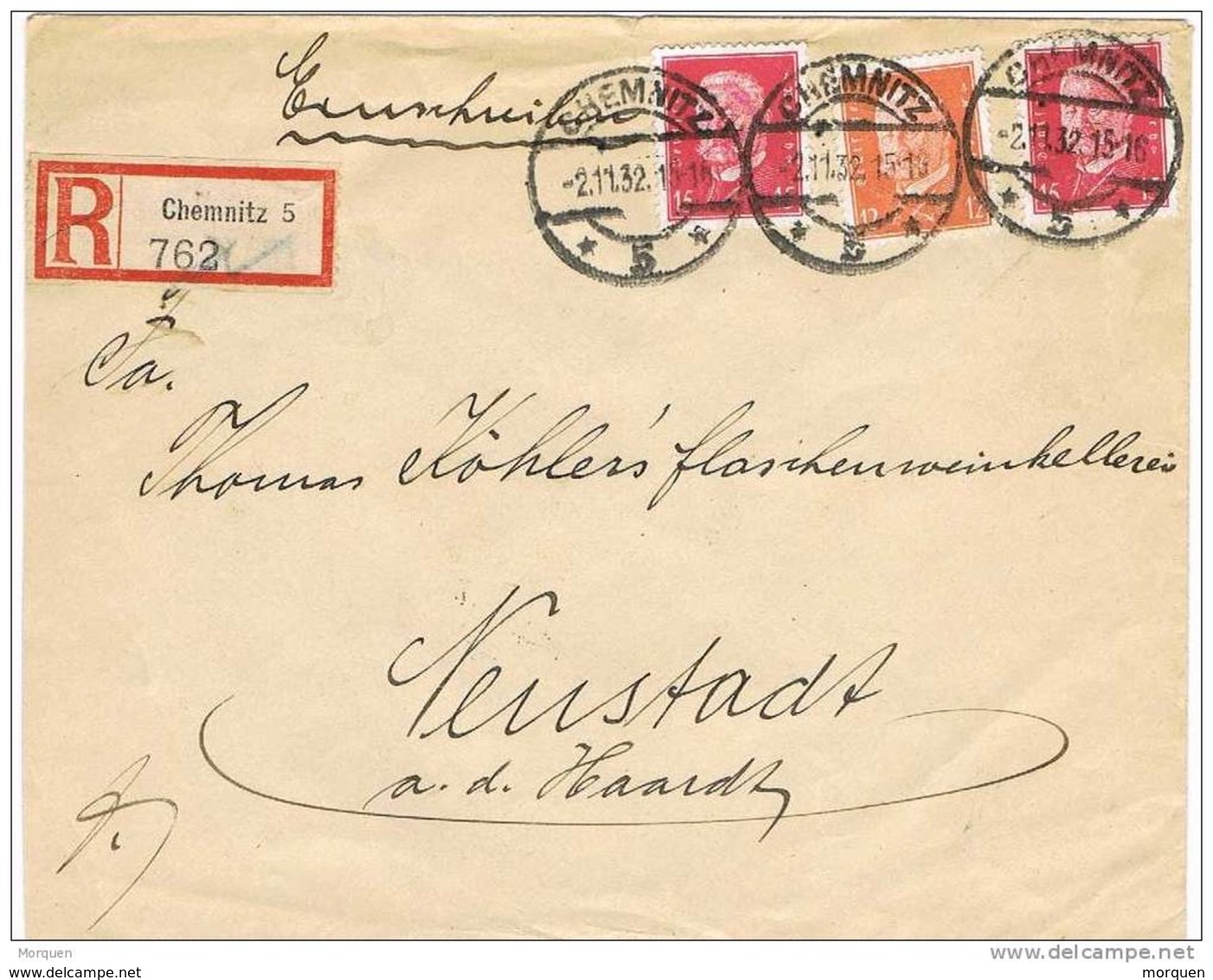 28410. Carta Certificada CHEMNITZ (Alemania Imperio) 1932 - Oficial