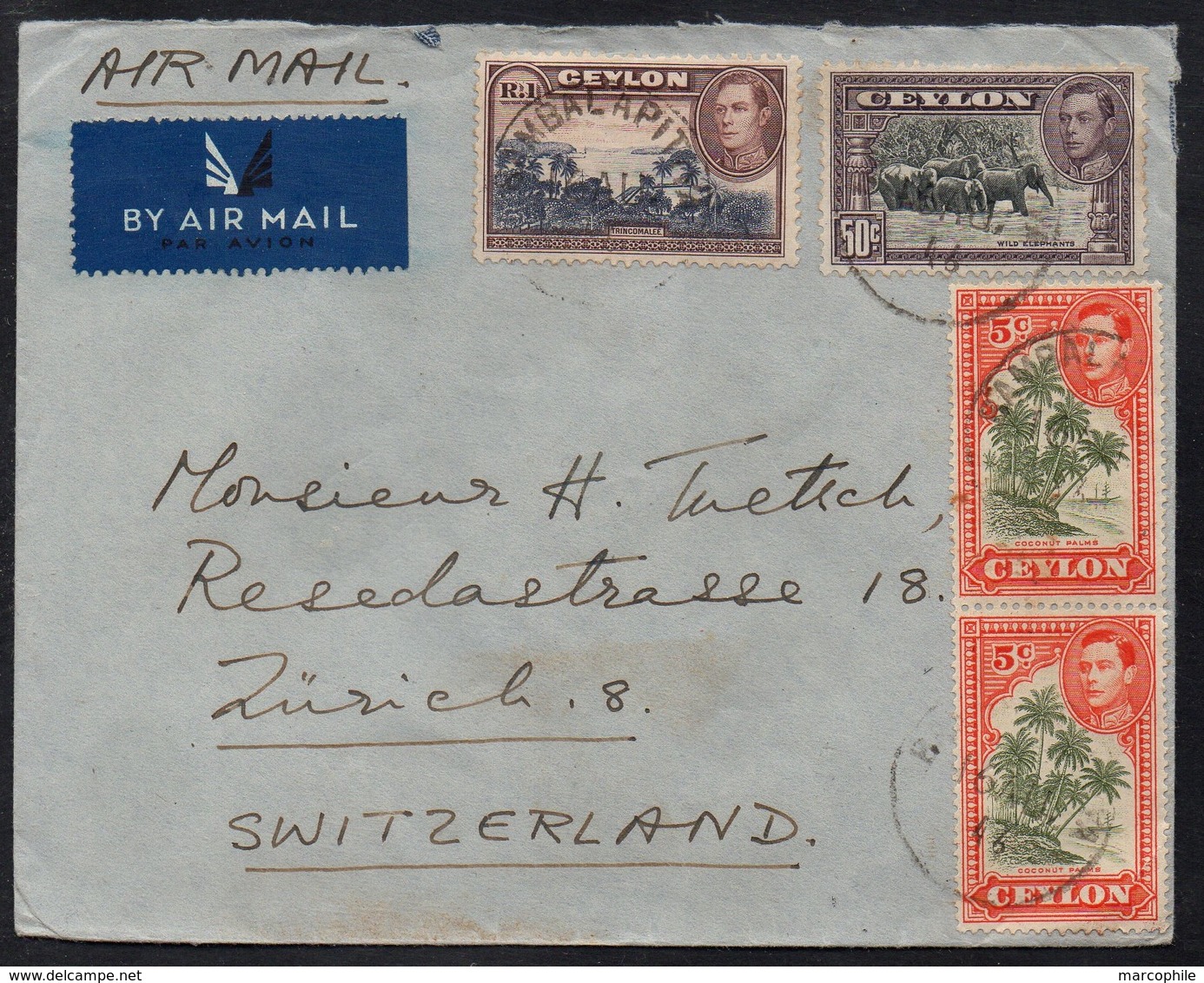 CEYLON - CEYLAN - BAMBALAPITIYA / 1948 LETTRE AVION POUR LA SUISSE- AIRMAIL COVER (LE2287) - Ceilán (...-1947)