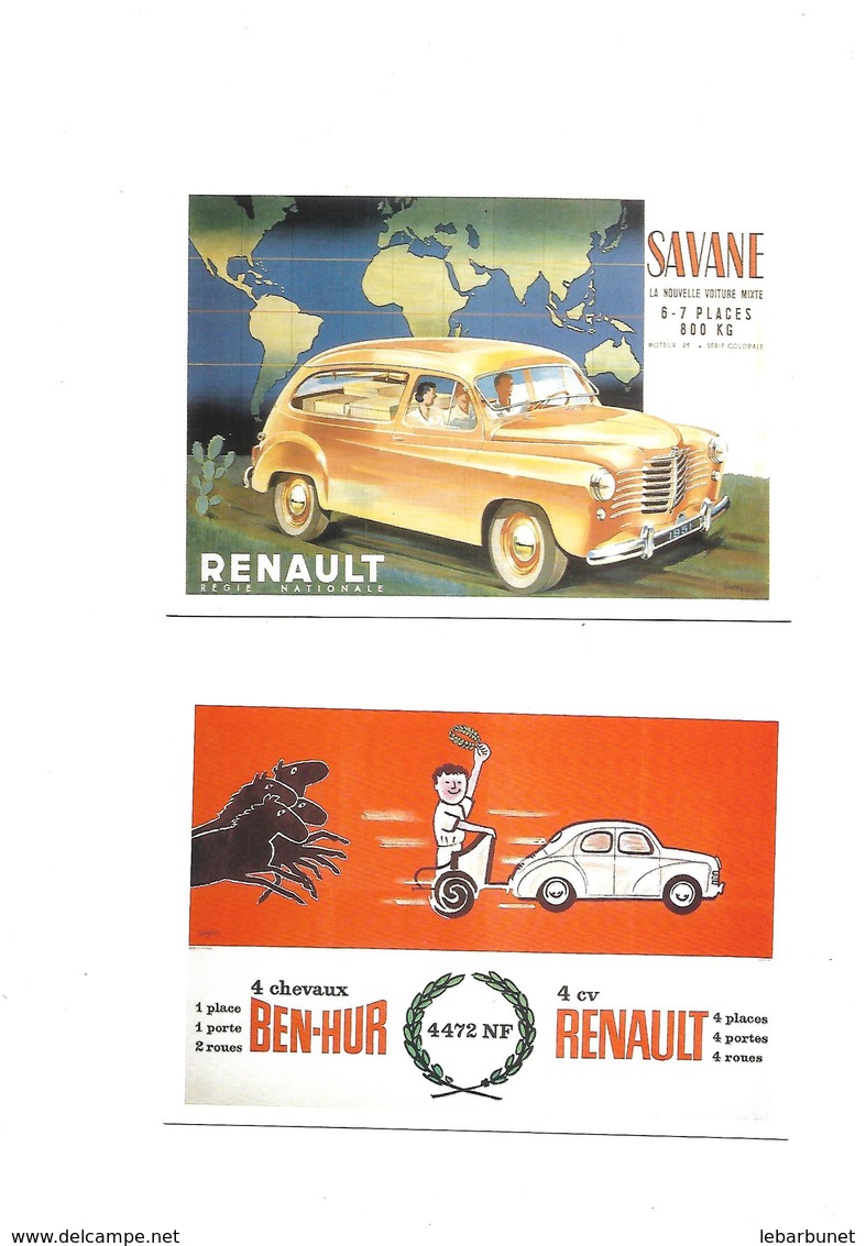 Carte Postale Publicité Reproduction Auto Renault 2 Cartes - Publicité