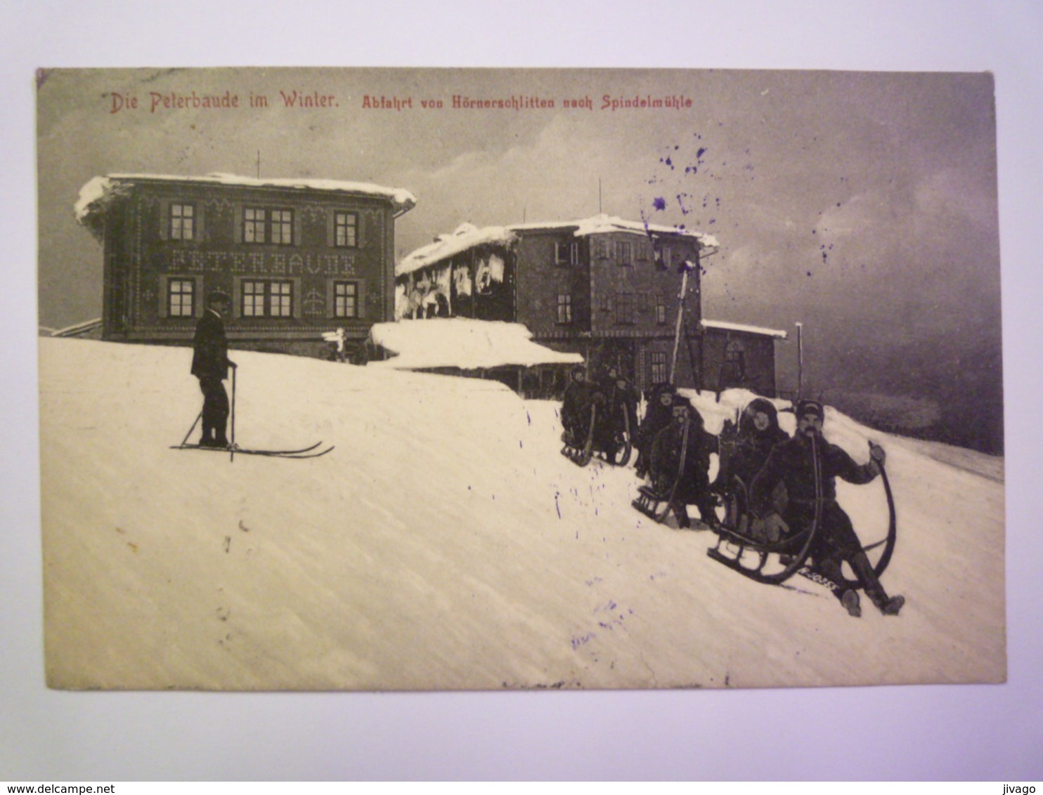 Die  PETERBAUDE In Winter  -  Abfahrt Von Hörnerschlitten Nach Spindelmühle   1907    - Repubblica Ceca