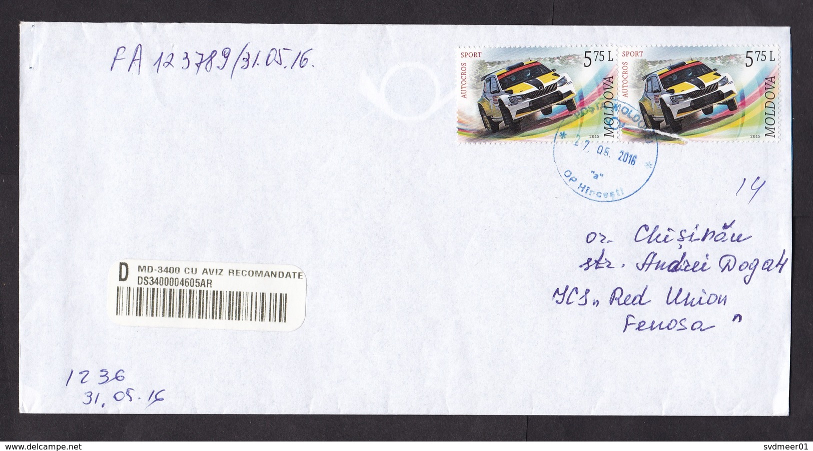 Moldova: Registered Cover, 2016, 2 Stamps, Autocross Sports, Cross, Rally, Car Race, Rare Real Use (traces Of Use) - Moldavië