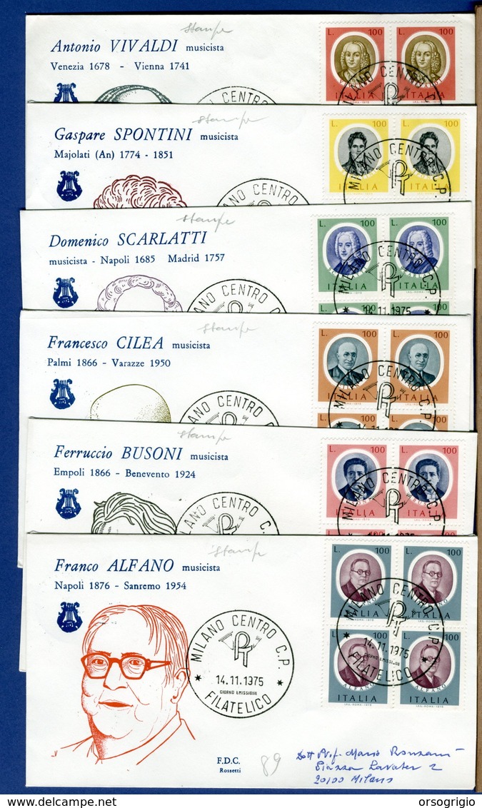 ITALIA - FDC - 1975 - QUARTINA - MUSICISTI - Tutte Con Bolli Di Arrivo - FDC