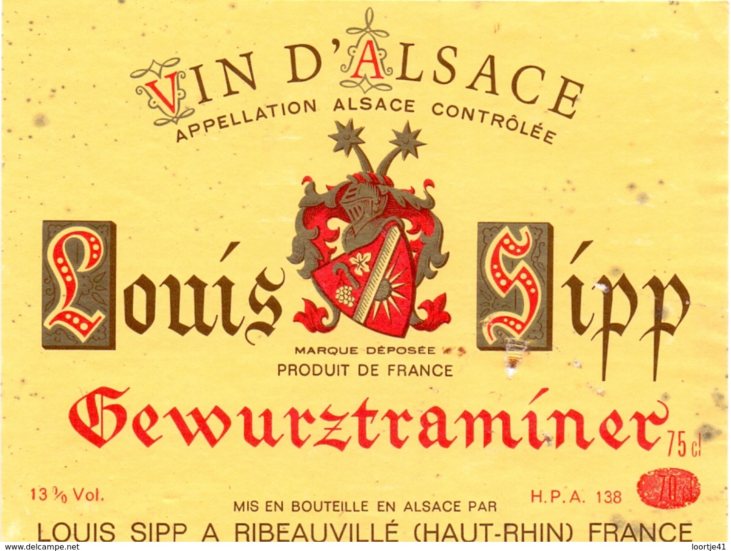 Etiket Etiquette - Vin - Wijn - Vin D'Alsace - Louis Sipp - Gewurztraminer - Ribeauvillé - Gewurztraminer