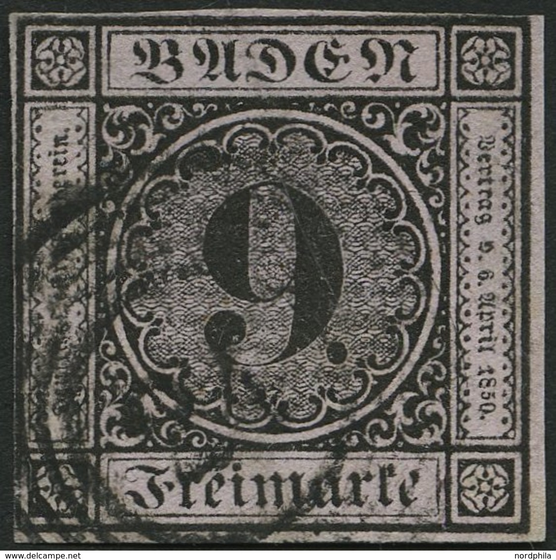 BADEN 4a O, 1851, 9 Kr. Schwarz Auf Altrosa, Nummernstempel 24, An Zwei Seiten Teils Minimal Berührt Sonst Vollrandig Pr - Altri & Non Classificati