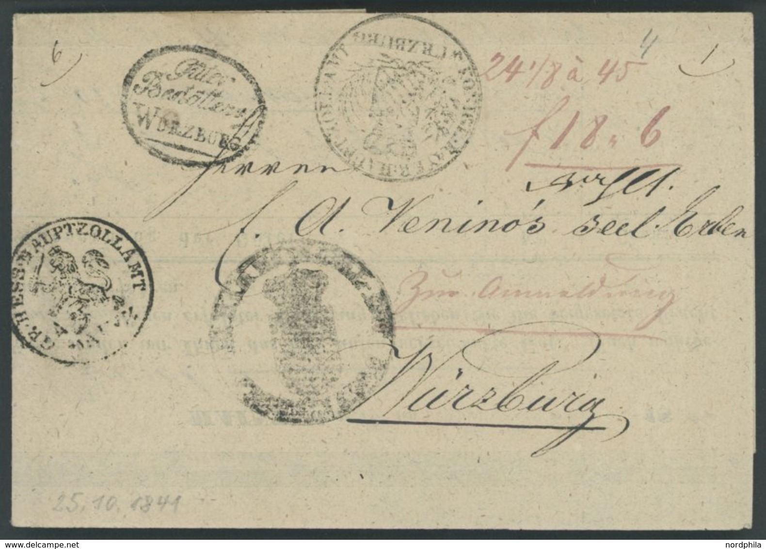 BAYERN Fuhrmannsbrief Von 1841 Mit Kleinem Ovalstempel Güter Bestätterei WÜRZBURG, Sowie 3 Zollstempeln, Pracht - Préphilatélie