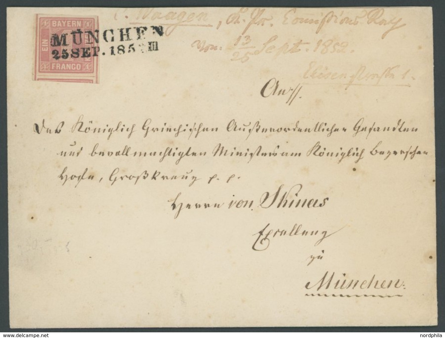 BAYERN 3Ia BRIEF, 1852, 1 Kr. Rosa, Allseits Riesenrandig Mit Teil Der Nachbarmarke, Auf Ortsbrief Mit L2 MÜNCHEN, Dekor - Andere & Zonder Classificatie