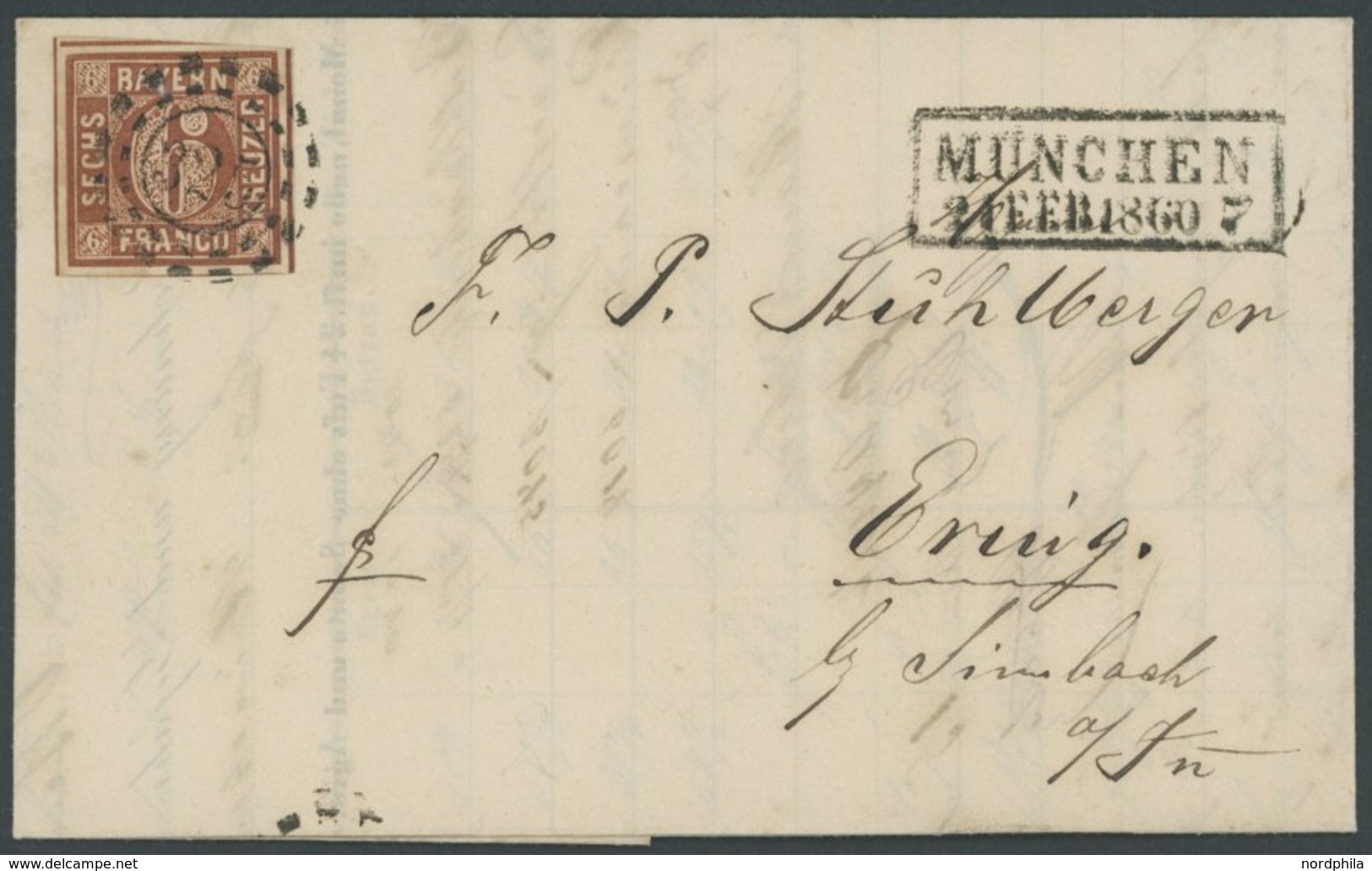 BAYERN 4II BRIEF, 1860, 6 Kr. Dunkelbraunorange, Type II, Platte 3, 4 Schnittlinien, Kabinettbrief Mit Kasten-Nebenstemp - Autres & Non Classés