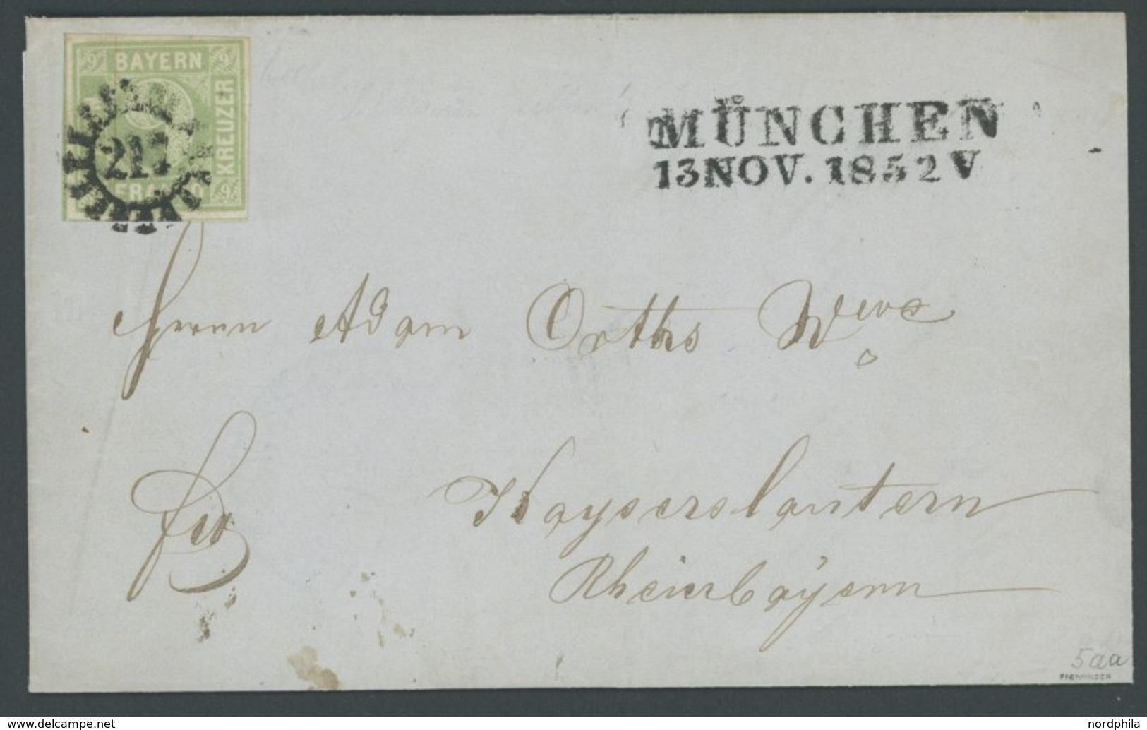 BAYERN 1852, 9 Kr. Mattblaugrün, Type II, Prachtbrief Von MÜNCHEN Nach Kaiserslautern, Gepr. Pfenninger Und Brettl - Altri & Non Classificati