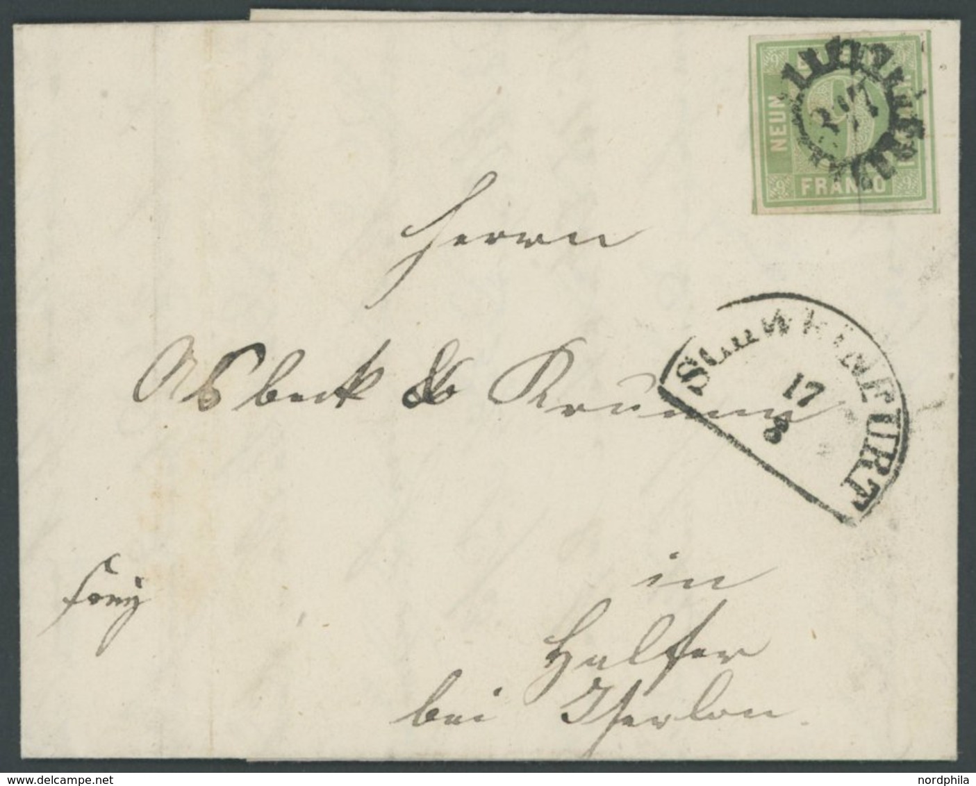 BAYERN 5b BRIEF, 1855, 9 Kr. Blaugrün, Breitrandig Mit 3 Vollen Schnittlinien, MR-Stempel 317 (Schweinfurt), Prachtbrief - Andere & Zonder Classificatie