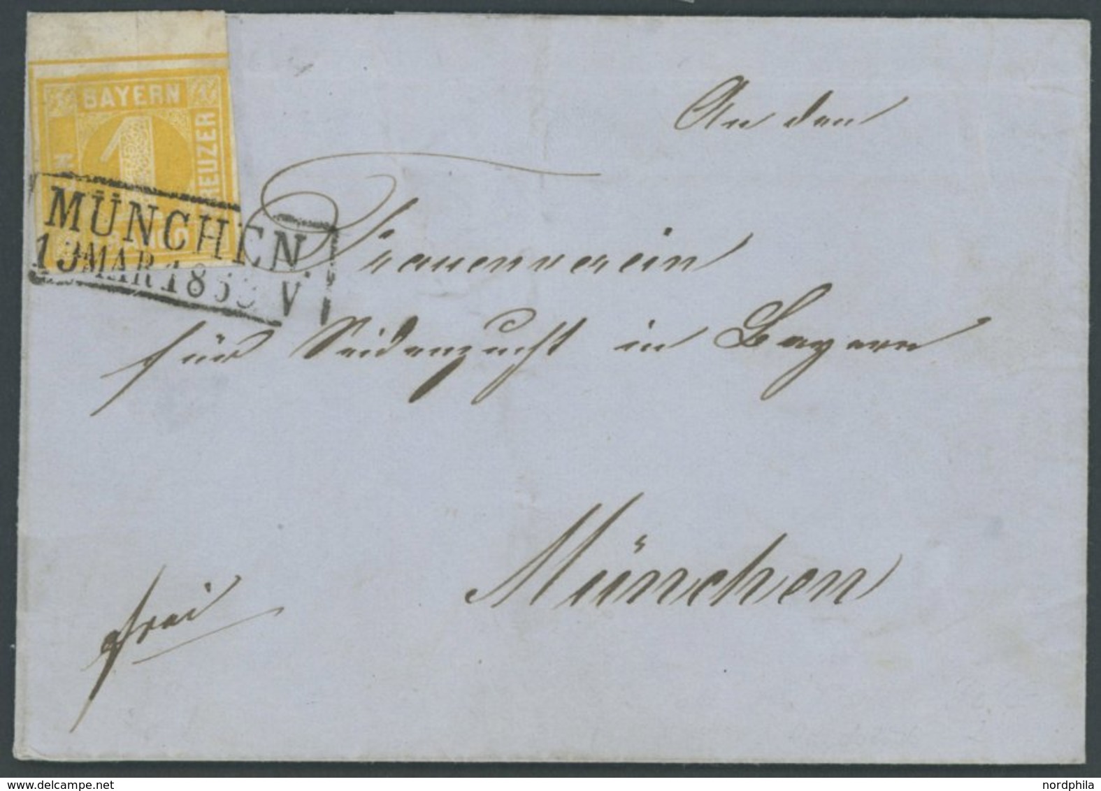 BAYERN 8I BRIEF, 1862, 1Kr. Orangegelb, Spitze Ecken, Mit Breitem Oberrand Auf Ortsbrief Aus MÜNCHEN, Pracht, Gepr. Schm - Sonstige & Ohne Zuordnung