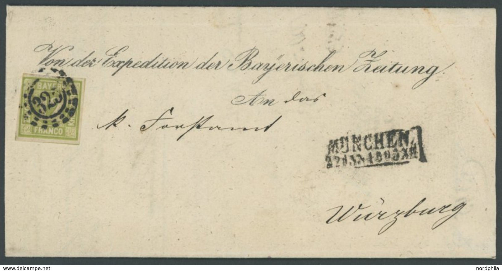 BAYERN 12 BRIEF, 1865, 12 Kr. Dunkelgelbgrün Mit Offenem MR-Stempel 325 Als Einzelfrankatur Nach Würzburg, Prachtbrief,  - Otros & Sin Clasificación