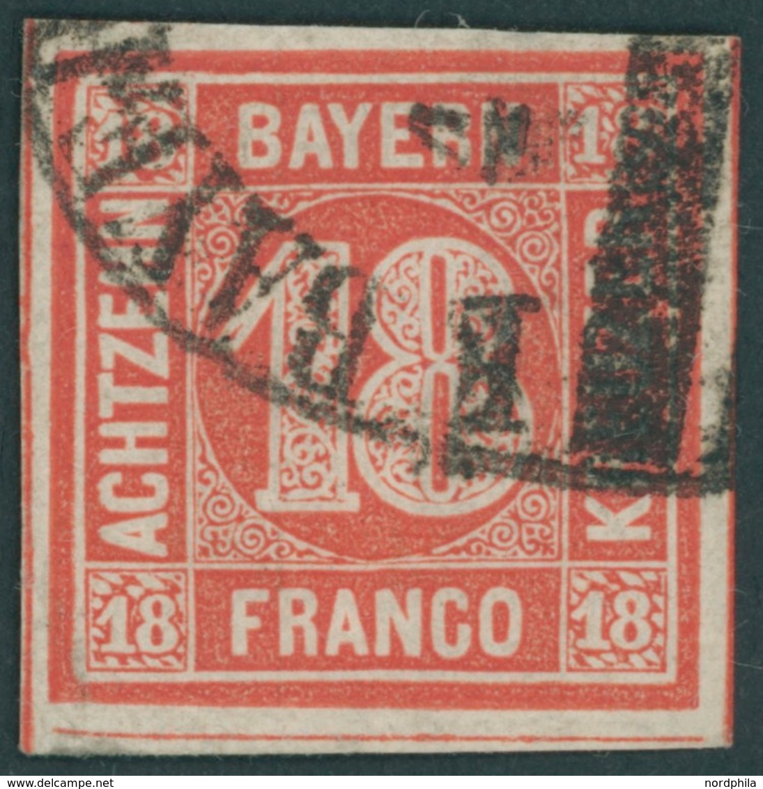 BAYERN 13a O, 1862, 18 Kr. Zinnoberrot, Allseits Riesenrandig Mit Bahnpost-Segmentstempel, Kabinett, Gepr. Pfenninger - Autres & Non Classés