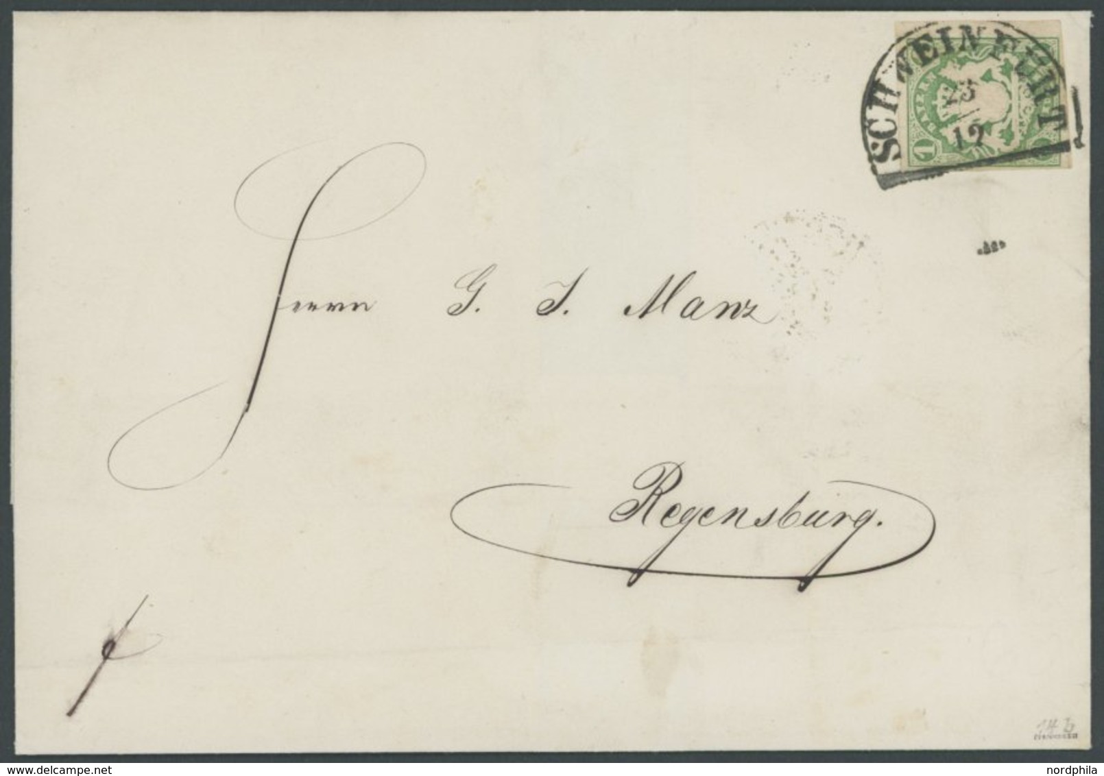 BAYERN 14b BRIEF, 1868, 1 Kr. Dunkelgrün Mit Segmentstempel SCHWEINFURT Auf Brief Nach Regensburg, Kabinett, Gepr. Pfenn - Otros & Sin Clasificación