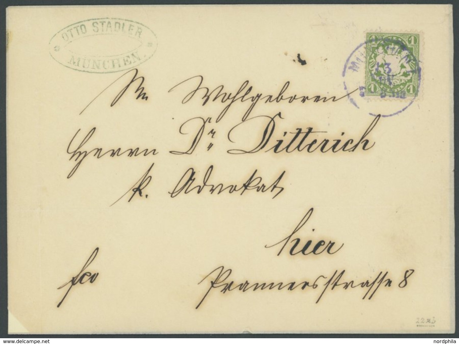 BAYERN 22Xb BRIEF, 1870, 1 Kr. Dunkelgrün, Wz. Enge Rauten, Mit Bläulichem K1 MÜNCHEN Auf Ortsbrief, Pracht, Gepr. Brett - Otros & Sin Clasificación