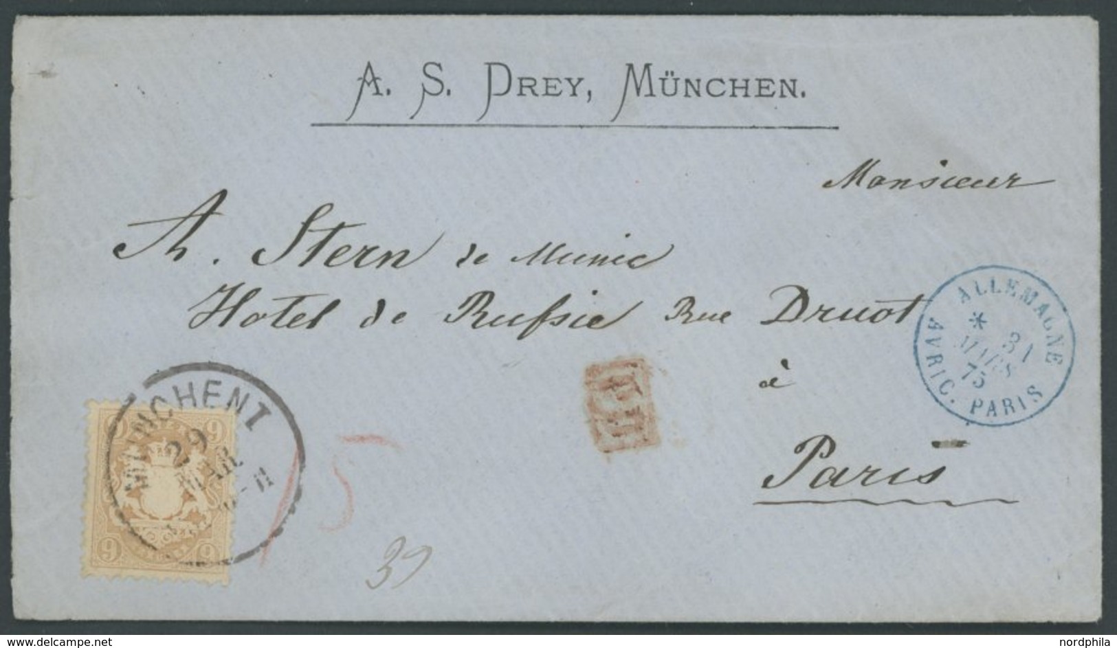 BAYERN 28Y BRIEF, 1875, 9 Kr. Braun, Wz. Weite Rauten, Dekorativer Kabinettbrief Von MÜNCHEN Nach Paris - Other & Unclassified