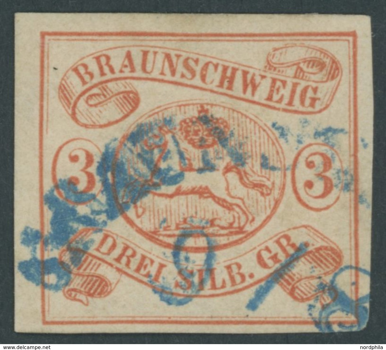 BRAUNSCHWEIG 3 O, 1852, 3 Sgr. Orangerot, Blauer Halbkreisstempel, Pracht, Signiert, Mi. 350.- - Braunschweig