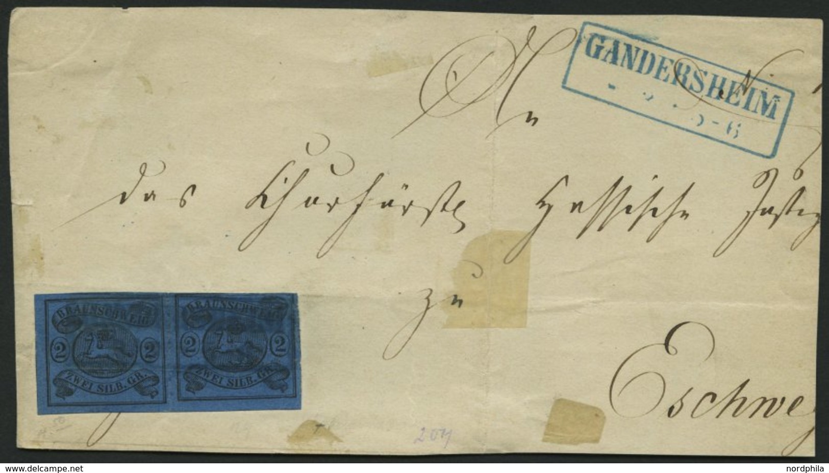 BRAUNSCHWEIG 7a Paar BrfStk, 1853, 2 Sgr. Schwarz Auf Blau Im Waagerechten Paar (senkrecht Vorgefaltet), Rechte Marke Ob - Brunswick