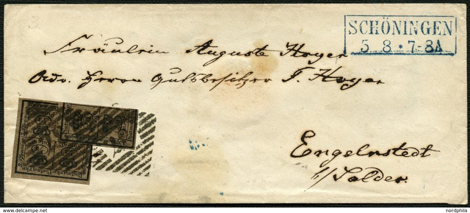 BRAUNSCHWEIG 9a BRIEF, 1857, 5/4 Ggr. Schwarz Auf Graubraun Mit Nummernstempel 37 Von SCHÖNINGEN Auf Brief Nach Engelnst - Braunschweig