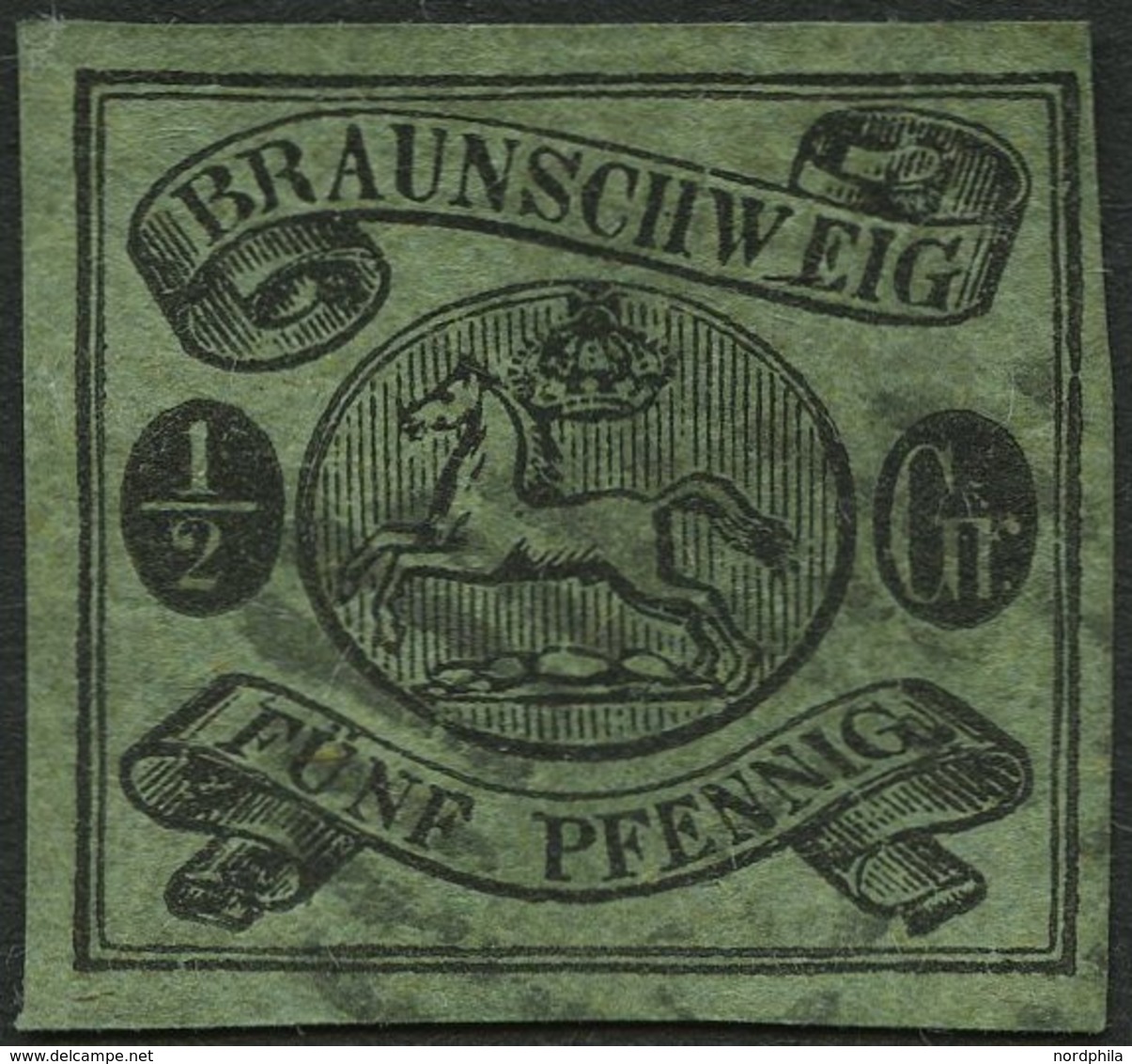 BRAUNSCHWEIG 10A O, 1863, 1/2 Gr. Schwarz Auf Lebhaftgraugrün, Pracht, Signiert H. Krause, Mi. 300.- - Braunschweig