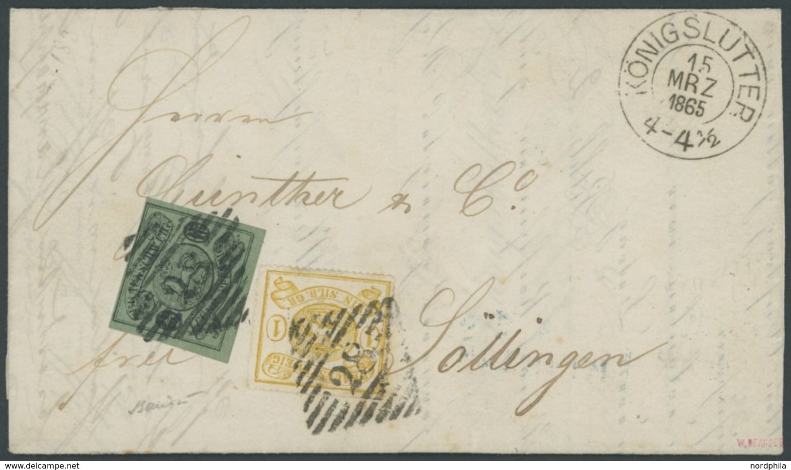 BRAUNSCHWEIG 10A,14A BRIEF, 1865, Mischfrankatur: 1/2 Gr. Schwarz Auf Lebhaftgraugrün (dreiseitig Breite Ränder, Oben Lu - Brunswick