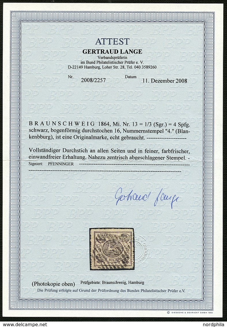 BRAUNSCHWEIG 13A O, 1864, 1/3 Sgr. Schwarz, Zentrischer Nummernstempel 4 (BLANKENBURG), Farbfrisches Kabinettstück, Prac - Brunswick
