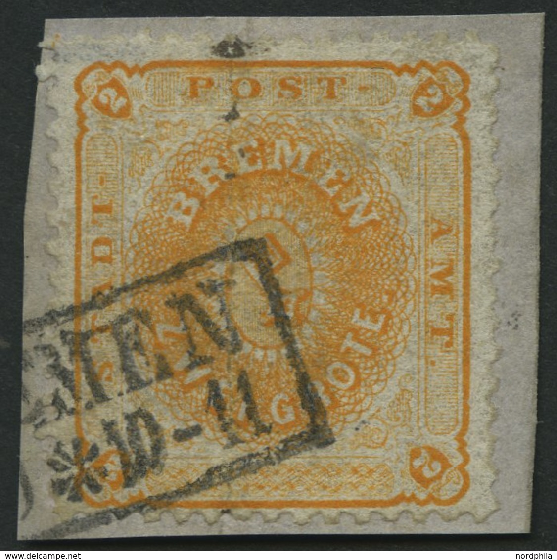 BREMEN 10a BrfStk, 1867, 2 Gr. Dunkelgelblichorange Auf Briefstück, Senkrechter Bug Und Kleine Korrektur, Feinst, Mi. (4 - Brême