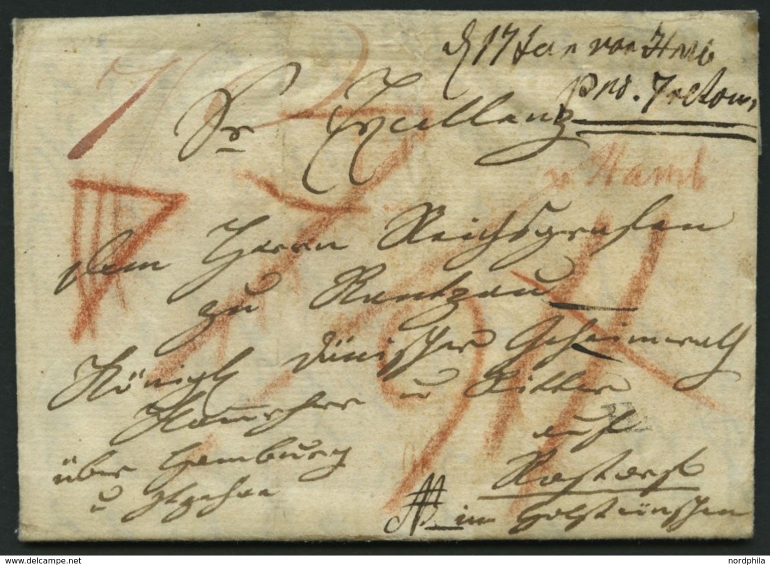 HAMBURG VORPHILA 1805, Eingeschriebener Brief (NB) Von Warasdin Nach Roßdorf, Viele Handschriftliche Vermerke Und Hohe T - Prephilately