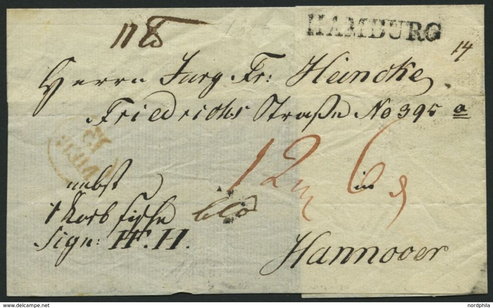 HAMBURG VORPHILA 1826, HAMBURG, L1 Auf Begleitschein Nach Hannover, Handschriftlich Nebst 1 Korb..., Roter Datumsstempel - Prephilately