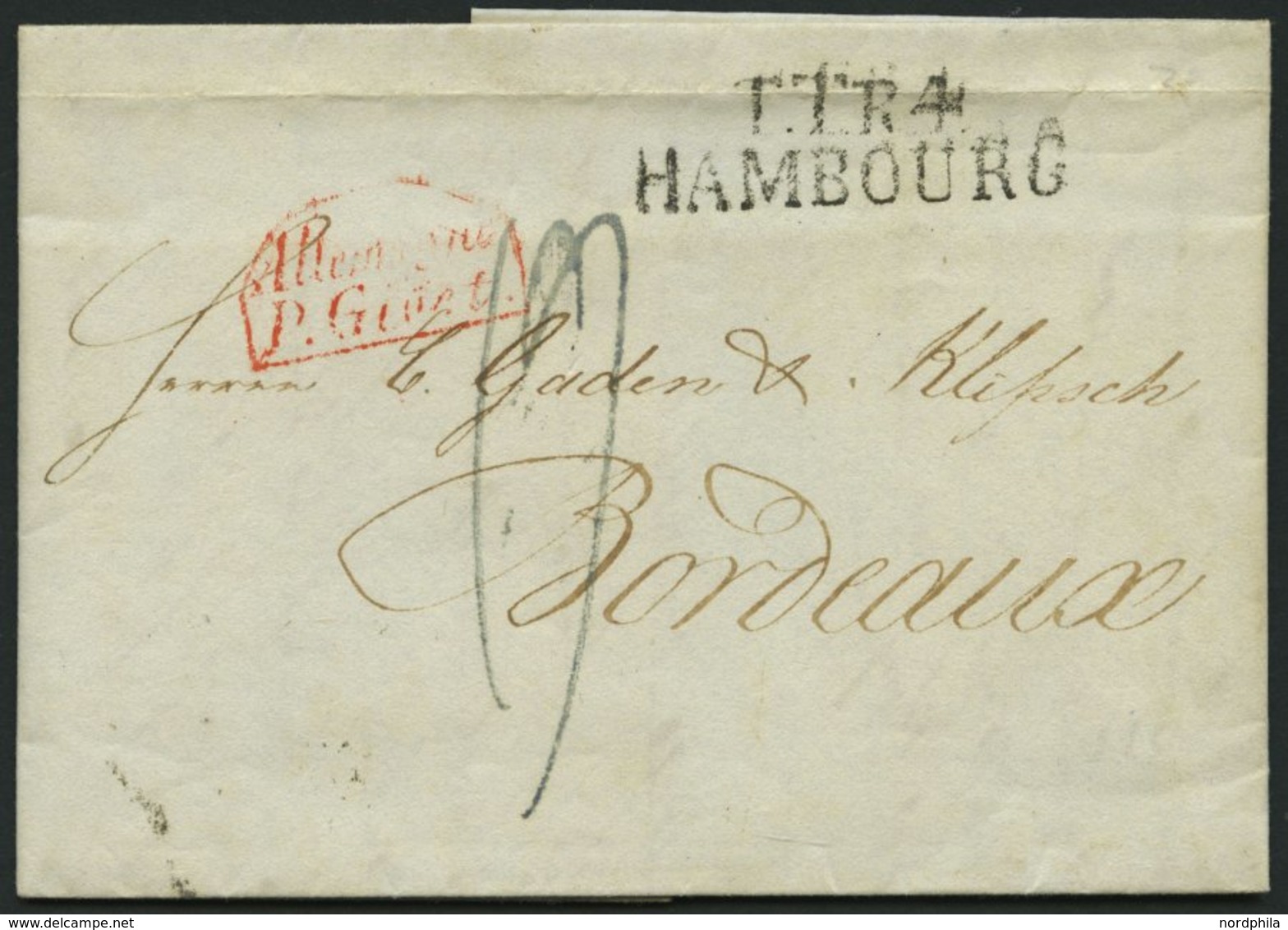 HAMBURG - THURN UND TAXISCHES O.P.A. 1829, TT.R.4 HAMBOURG, L2 Auf Brief Nach Bordeaux, Roter Segmentstempel ALLEMAGNE/P - Autres & Non Classés