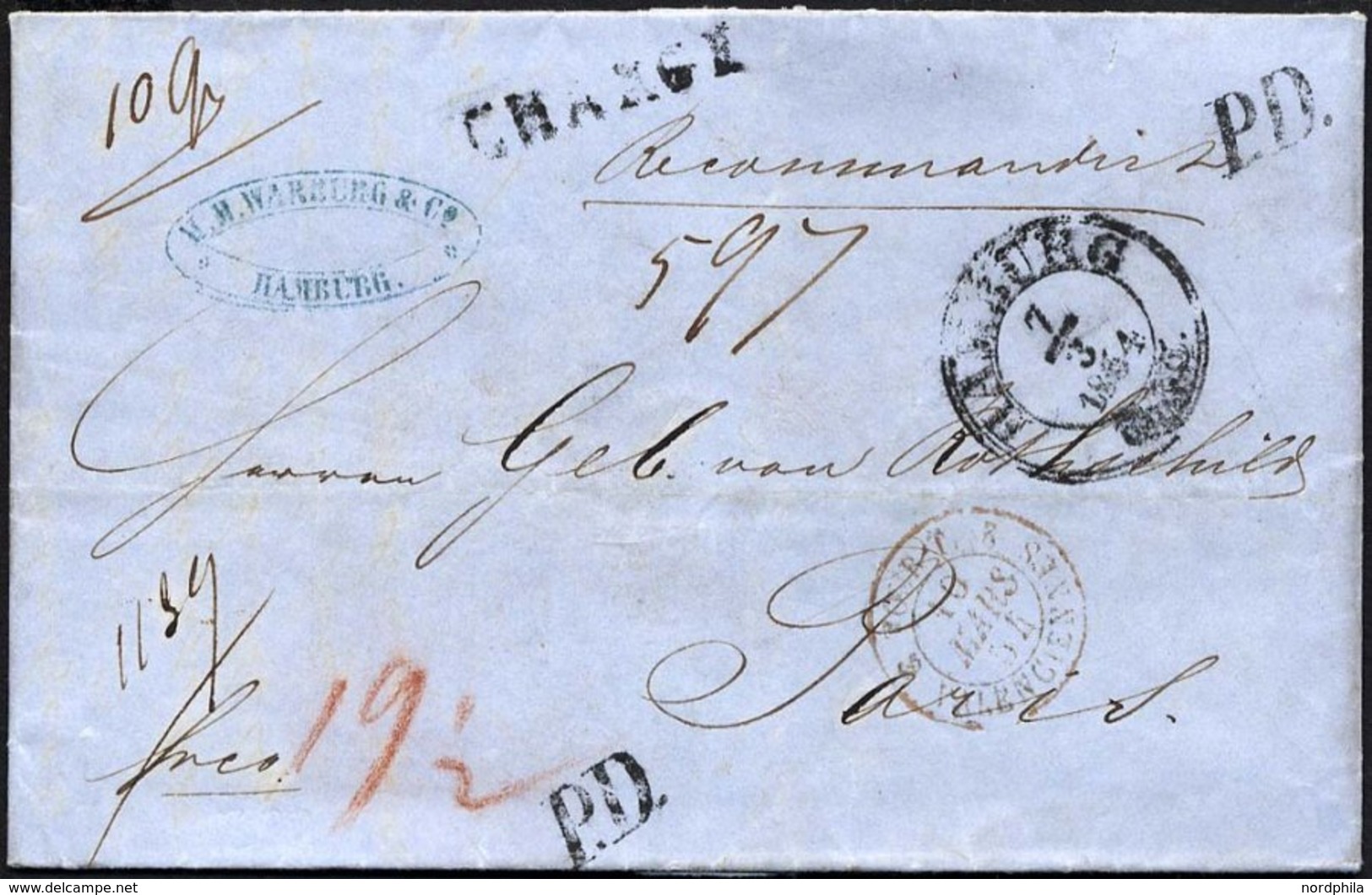 HAMBURG - THURN UND TAXISCHES O.P.A. 1854, HAMBURG Th.& T., K3 Auf Reco-Brief Nach Paris, Diverse Nebenstpl. Mit CHARGE  - Altri & Non Classificati