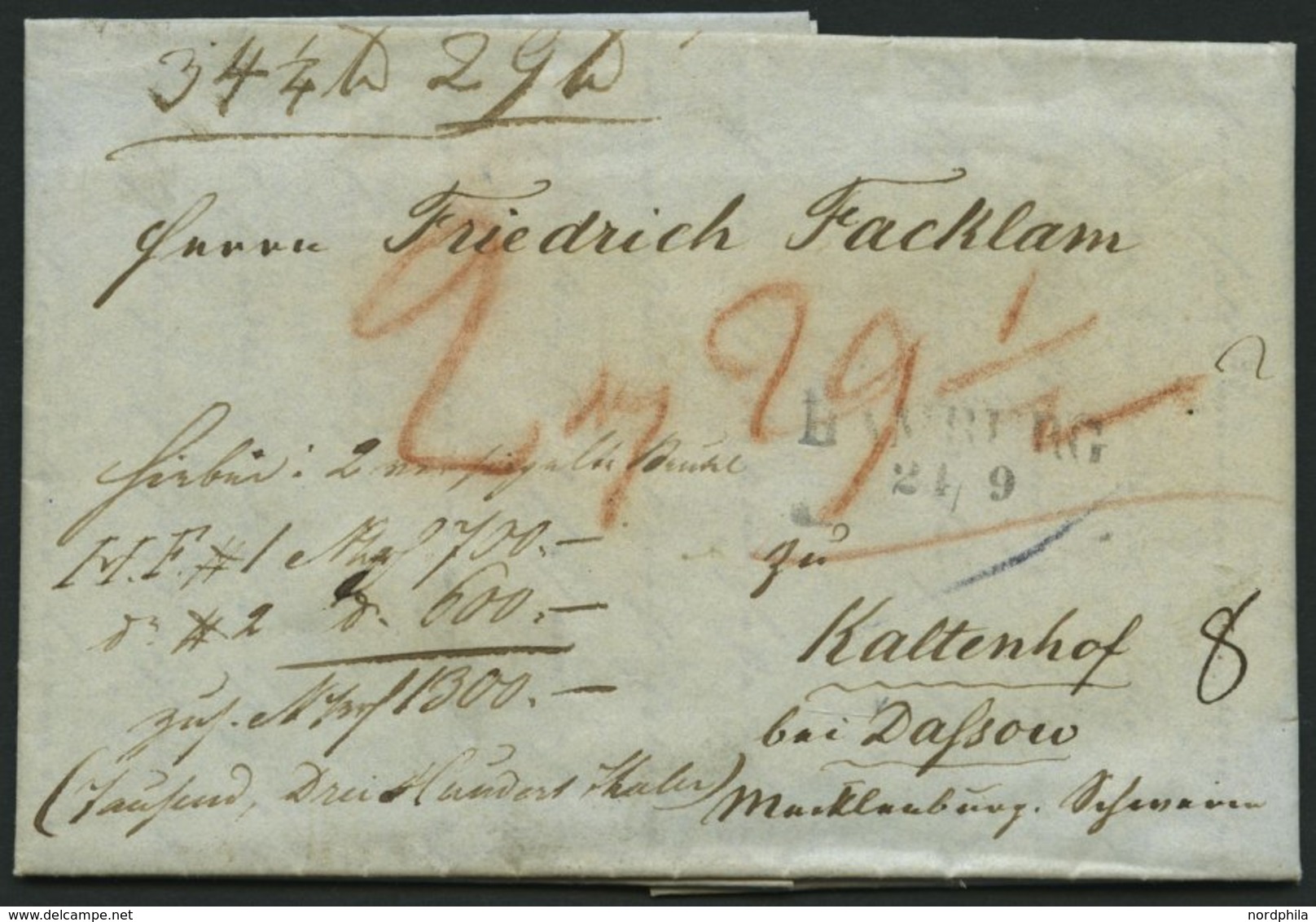 HAMBURG VORPHILA 1845, HAMBURG, L2 Auf Begleitbrief Nach Kaltenhof Bei Dassow, Pracht - Precursores
