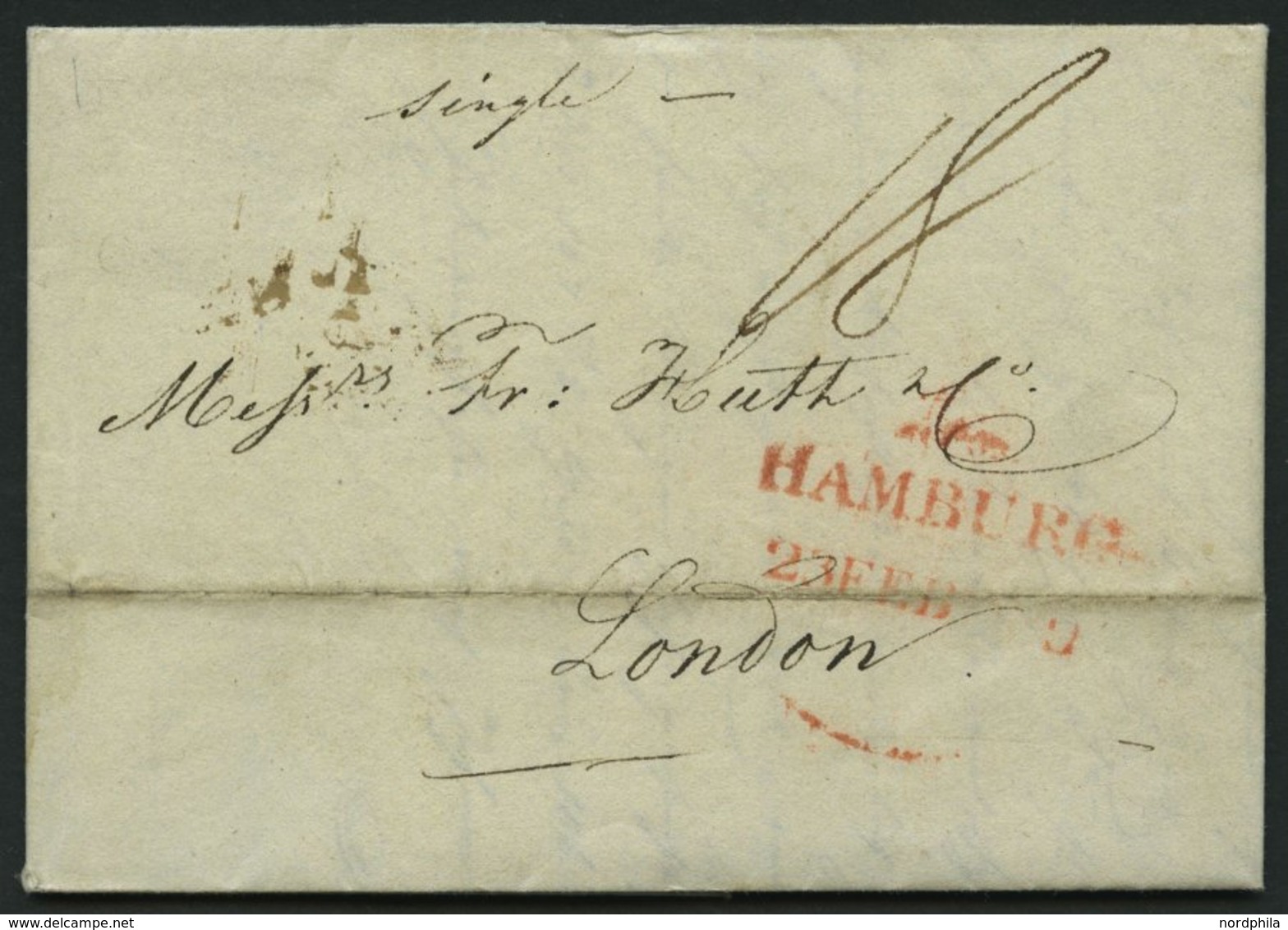 HAMBURG 1819, HAMBURG, Rote Sonderform Auf Brief, Handschriftlich Single, Nach London, Registraturbug, Feinst - [Voorlopers
