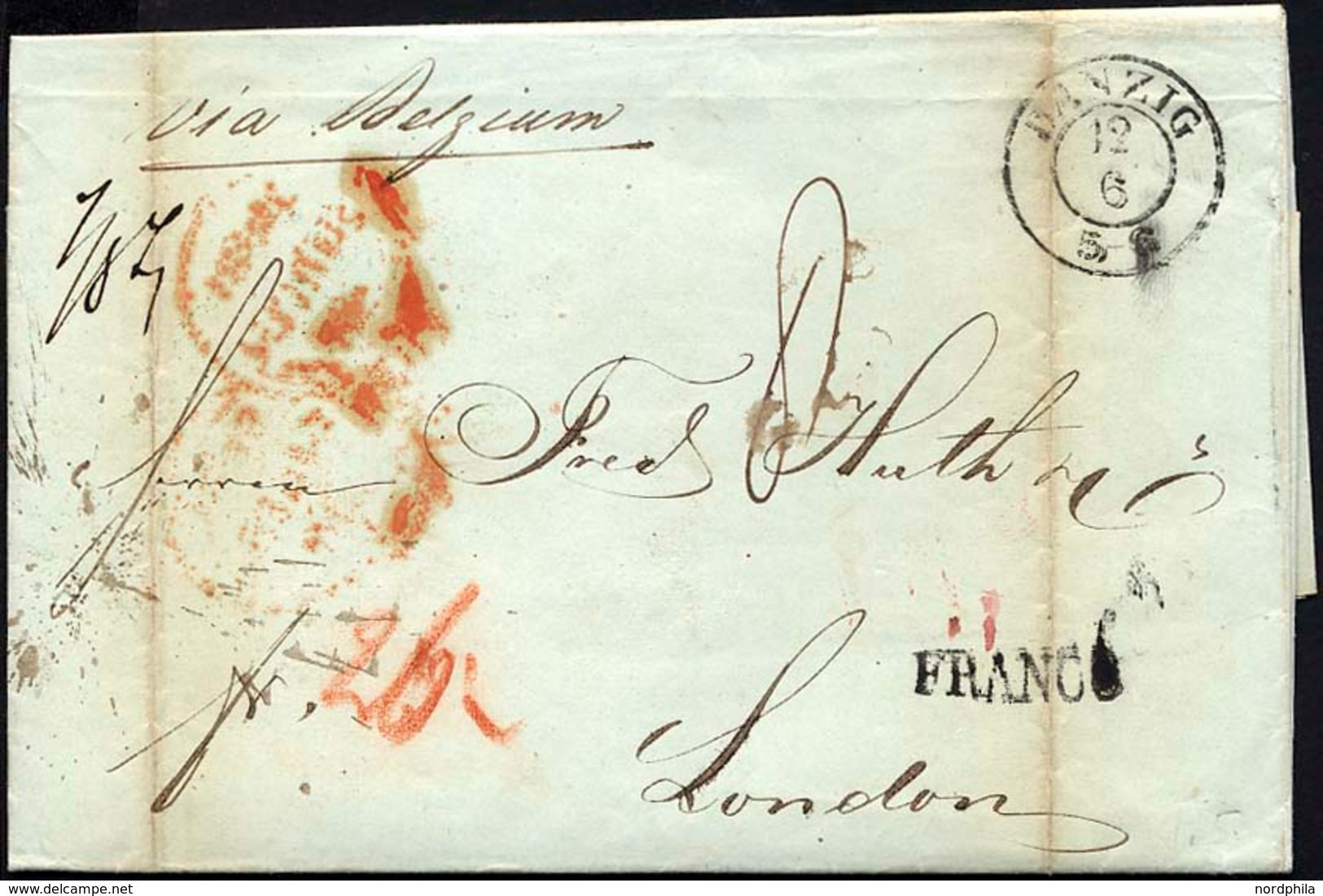 HAMBURG - GRENZÜBERGANGSSTEMPEL 1843, FRANCO, Schwarzer L1 Auf Brief Von DANZIG (K2) Via Belgium Nach London, L1 FRANCO, - [Voorlopers