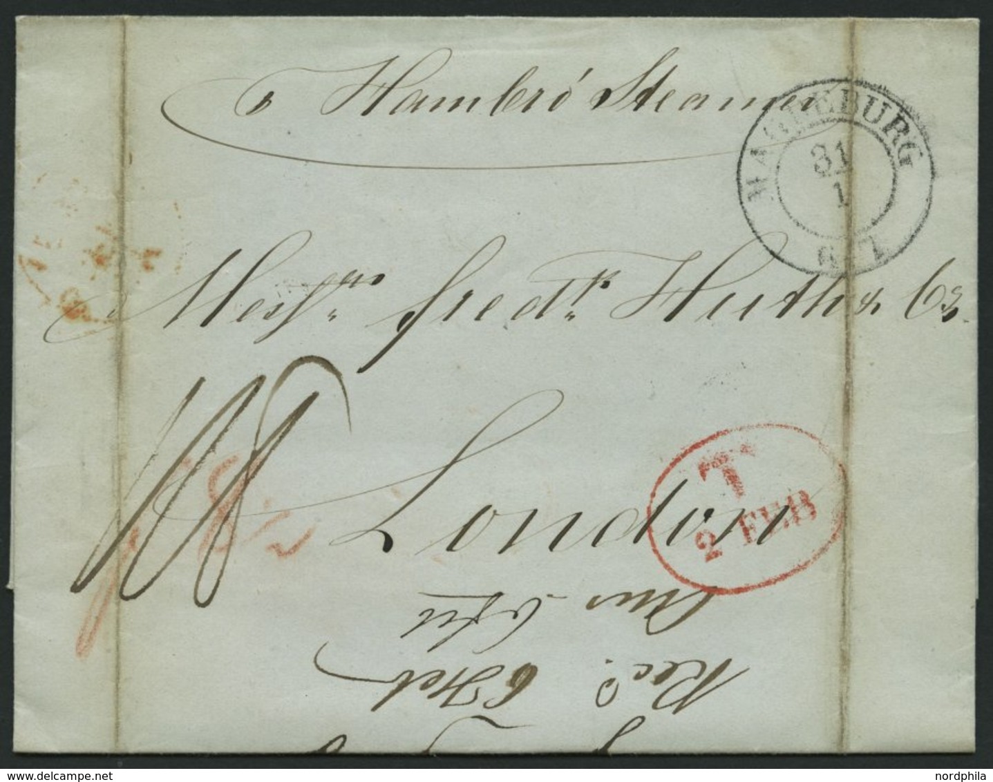 HAMBURG - GRENZÜBERGANGSSTEMPEL 1844, T 2 FEB, In Rot Auf Brief Von Magdeburg (K2) Nach London, Handschriftlich Hamburg  - [Voorlopers