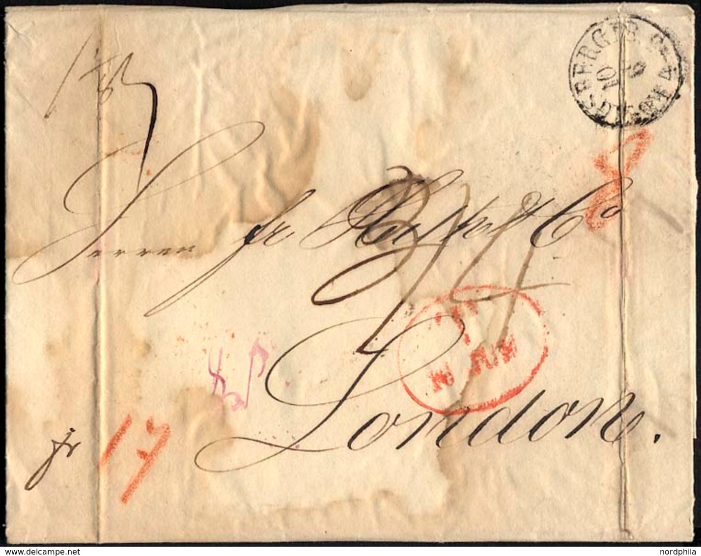 HAMBURG - GRENZÜBERGANGSSTEMPEL 1846, T 10 JUN, In Rot Auf Brief Von Königsberg Nach London, Rückseitiger Durchgangsstem - Préphilatélie