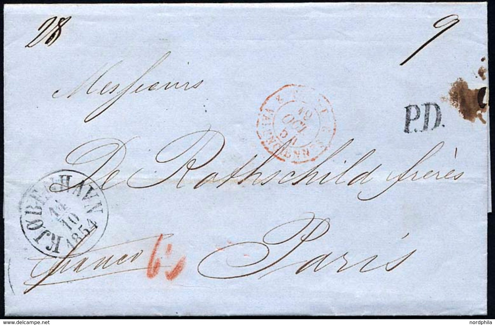 HAMBURG - GRENZÜBERGANGSSTEMPEL 1856, P.D., Schwarzer L1 Auf Brief Von Copenhagen (K1) Nach Paris, Rückseitig 4 Durchgan - Prephilately