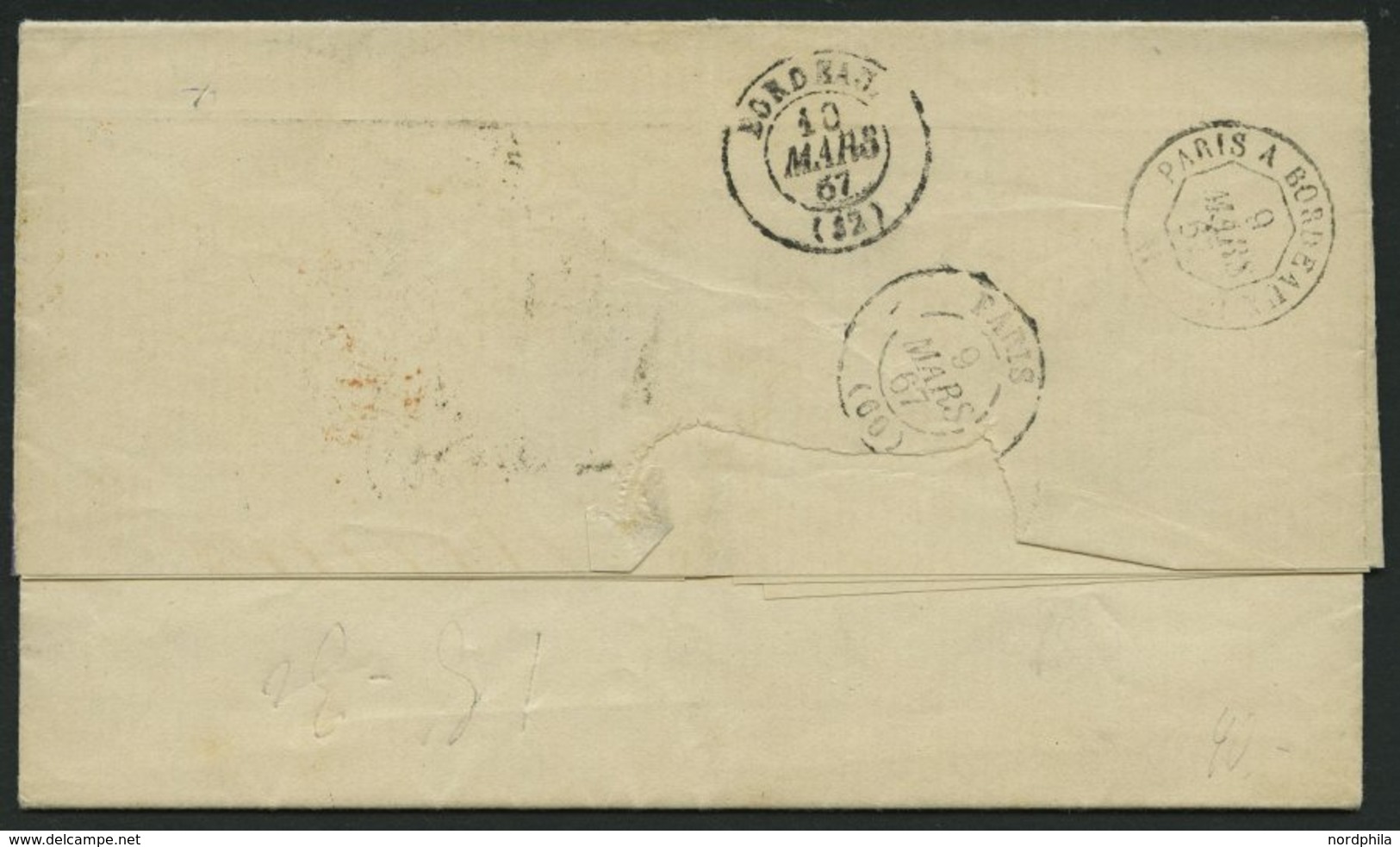 HAMBURG - GRENZÜBERGANGSSTEMPEL 1867, Tax-Stempel 6 Und HAMBURG TH. & T. Auf Brief Nach Bordeaux, Roter Tour-Stempel, Pr - Préphilatélie