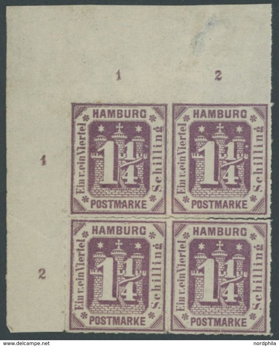HAMBURG 20a VB *, 1866, 11/4 S. Dunkelbraunviolett Im Viererblock Aus Der Linken Oberen Bogenecke, Mit Reihenzählern!, F - Hambourg