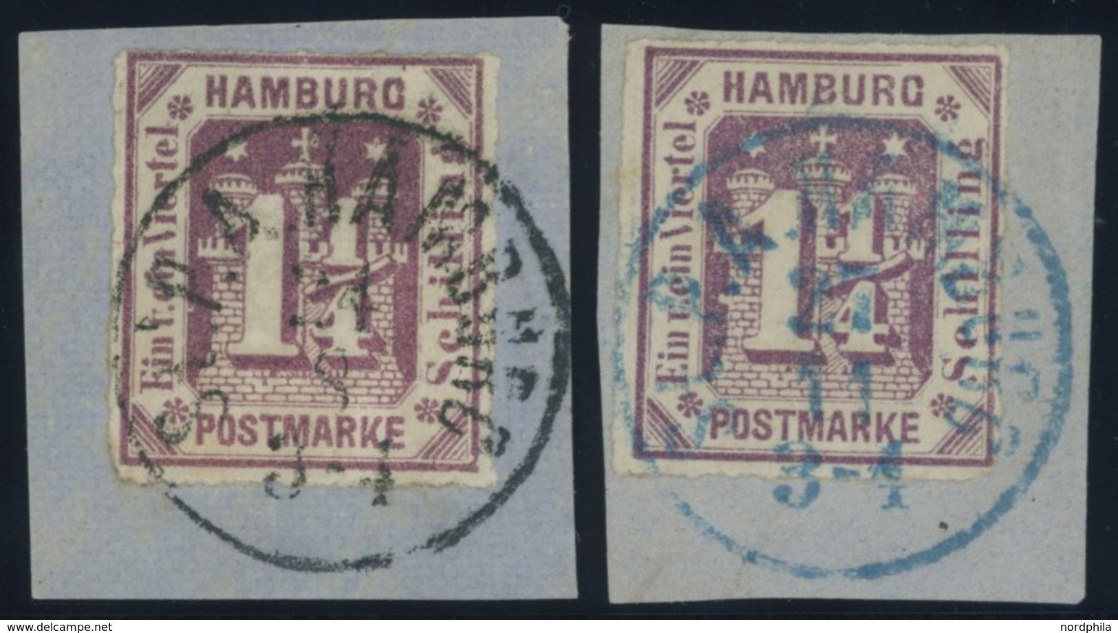 HAMBURG 20a BrfStk, 1866, 11/4 S. Dunkelbraunviolett Mit K1 St.P.A. HAMBURG In Schwarz Und Blau, 2 Kabinettbriefstücke - Hambourg