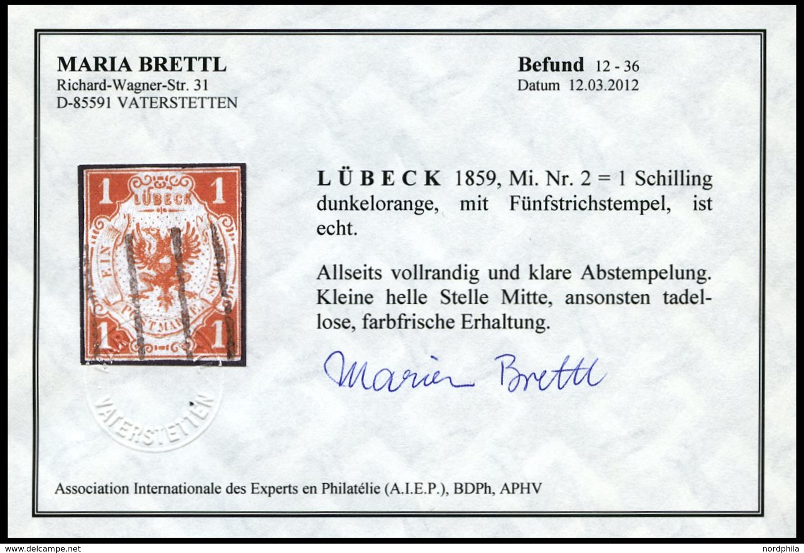 LÜBECK 2 O, 1859, 1 S. Schwarzlichorange, Kleine Helle Stelle, Sonst Farbfrisches Allseits Vollrandiges Prachtstück, Fot - Luebeck