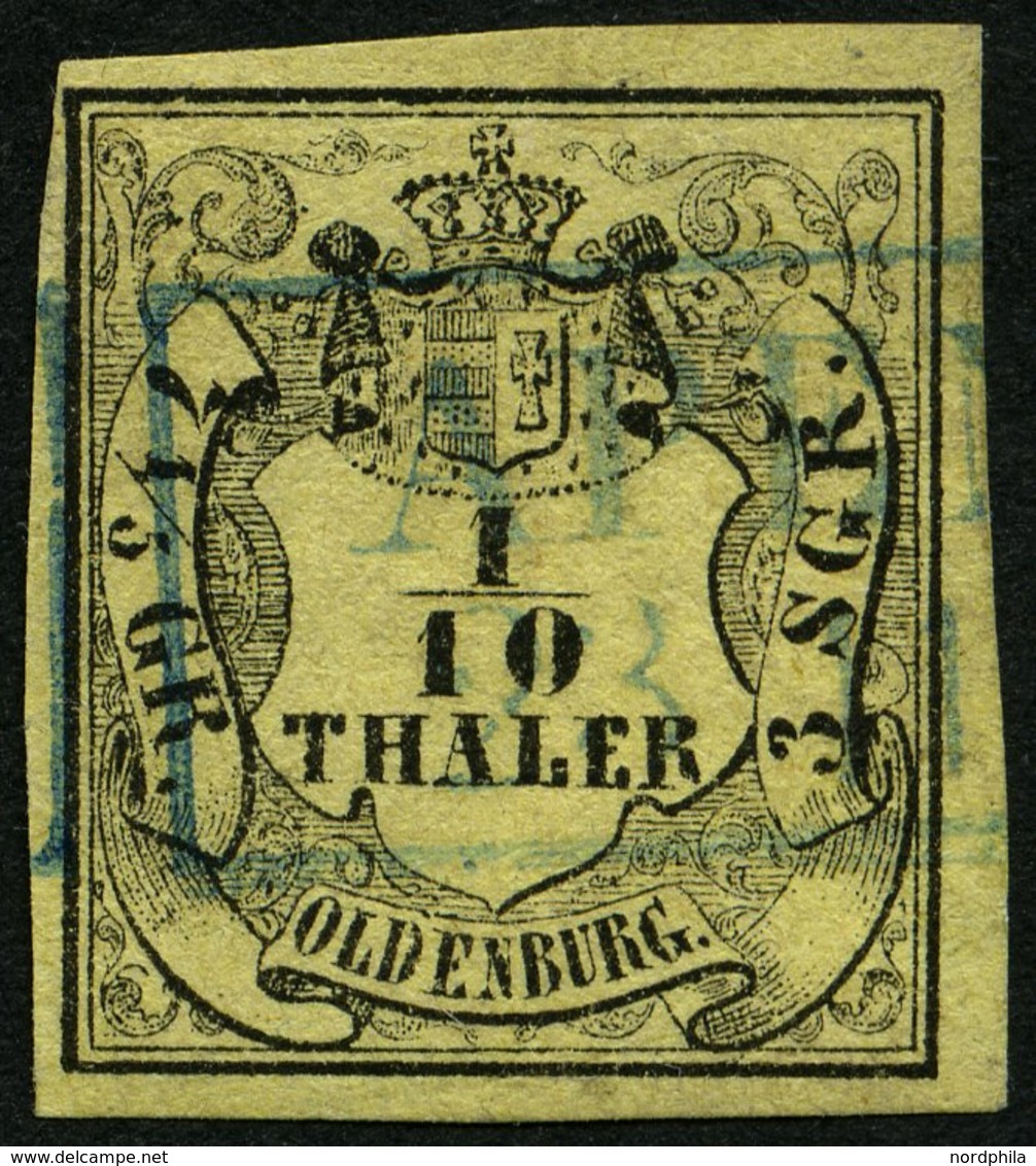 OLDENBURG 4a O, 1852, 1/10 Th. Schwarz Auf Hellgelb, Blauer R2 APEN, Pracht, Gepr. Pfenninger, Mi. 120.- - Oldenburg