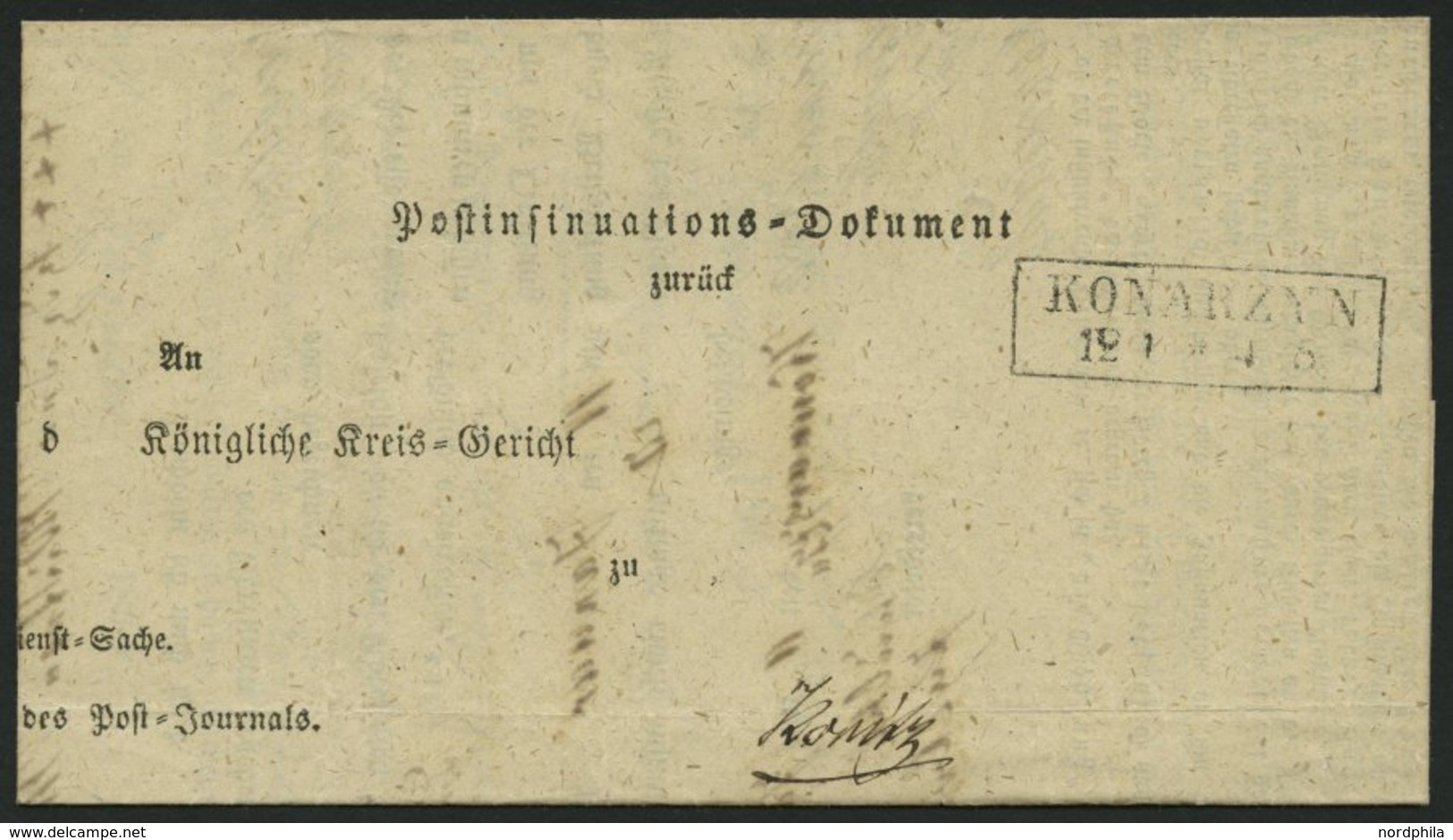 PREUSSEN KONARZYN, R2 Auf Post-Insinuations-Dokument (1864) Nach Konitz, Innen Krone-Posthornstempel, Pracht - Andere & Zonder Classificatie