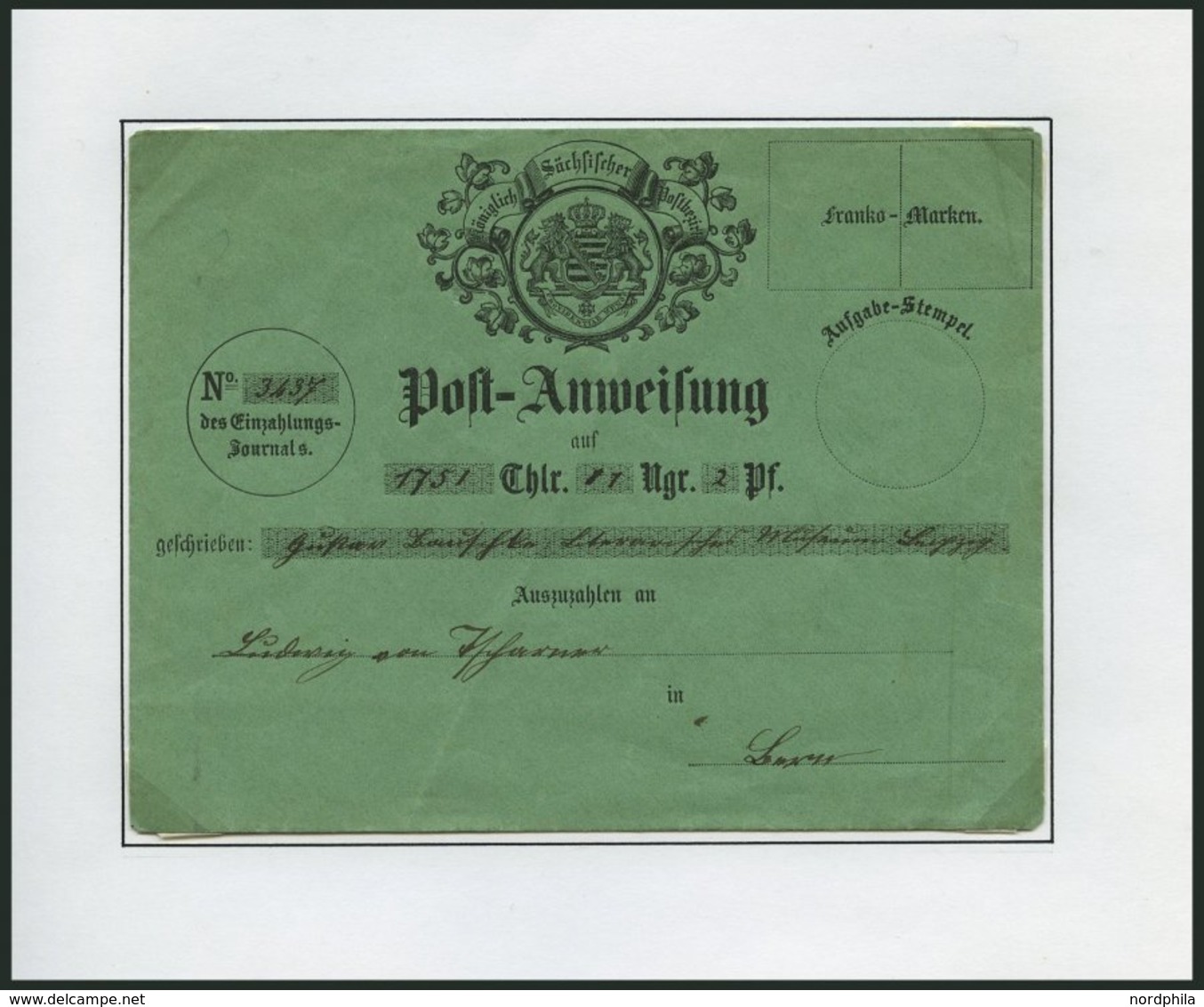 SACHSEN 1827-1866, kleine Sammlung von 10 Postscheinen und einer Postanweisung, Pracht