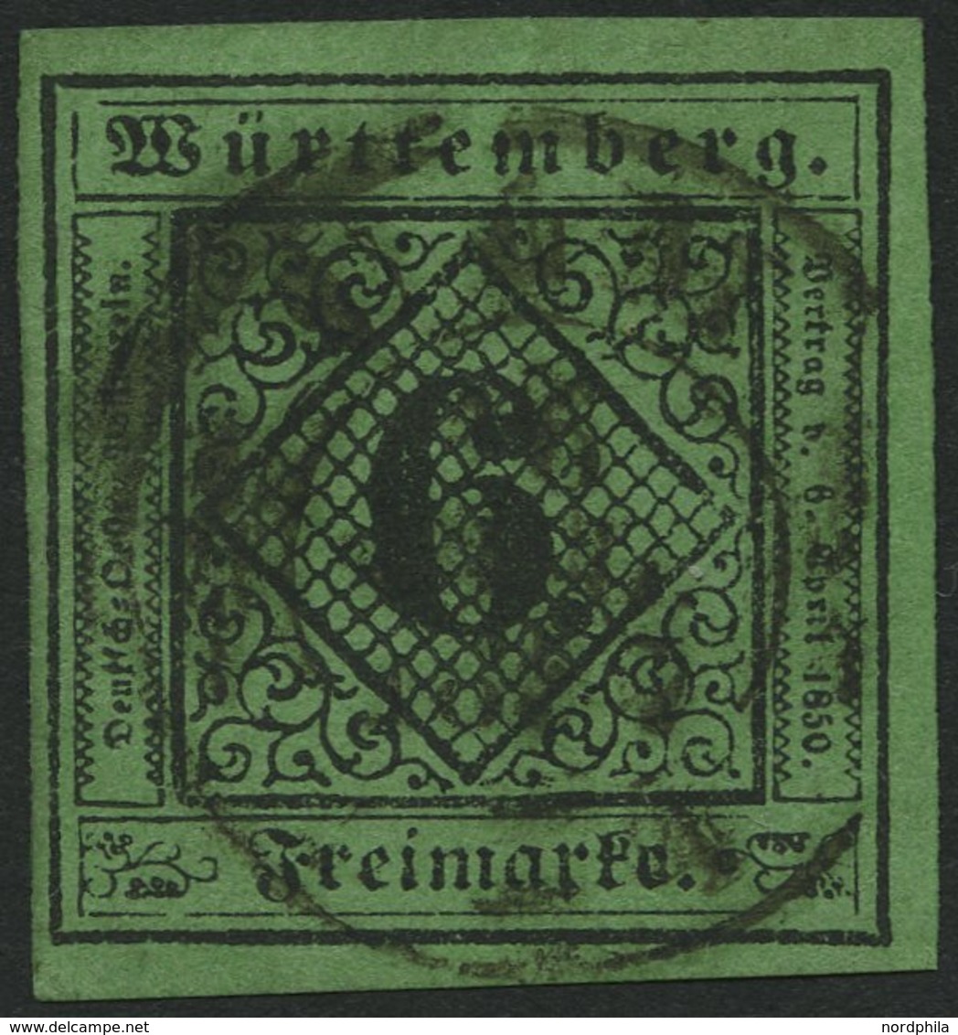 WÜRTTEMBERG 3b O, 1851, 6 Kr. Schwarz Auf Blaugrün, Pracht, Mi. 60.- - Andere & Zonder Classificatie