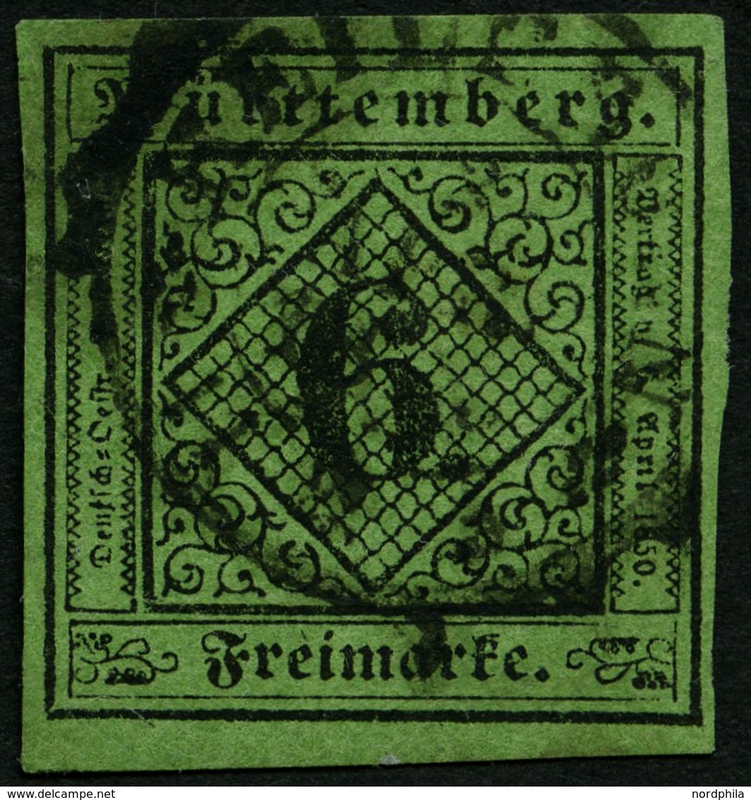 WÜRTTEMBERG 3y O, 1851, 6 Kr. Gelblichgrünes Seidenpapier, Pracht, Mi. 110.- - Autres & Non Classés
