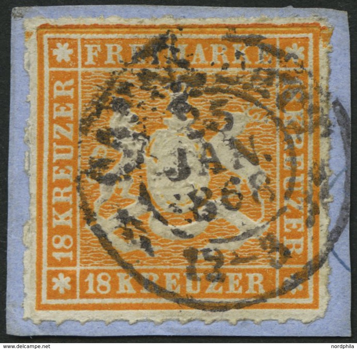 WÜRTTEMBERG 34 BrfStk, 1867, 18 Kr. Orangegelb, K1 CANNSTATT, Prachtbriefstück, Gepr. U.a. Drahn, Mi. (1000.-) - Sonstige & Ohne Zuordnung